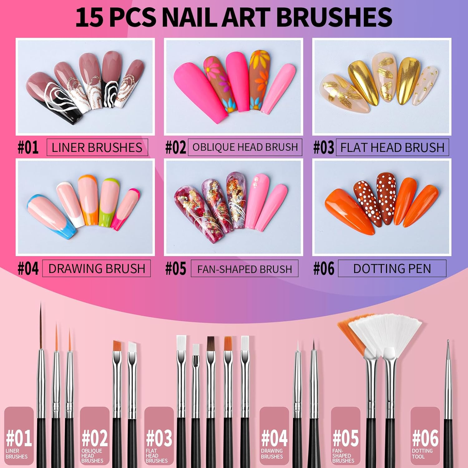 FANDAMEI Nail Art Tools, Nail Brush, 15 PCS Nail Art Brushes, 5 PCS Nail Dotting Tool, Nail Stand, Nail Holder for Painting Nails, Nail Tools, Nail Design Tools, Black image number 3