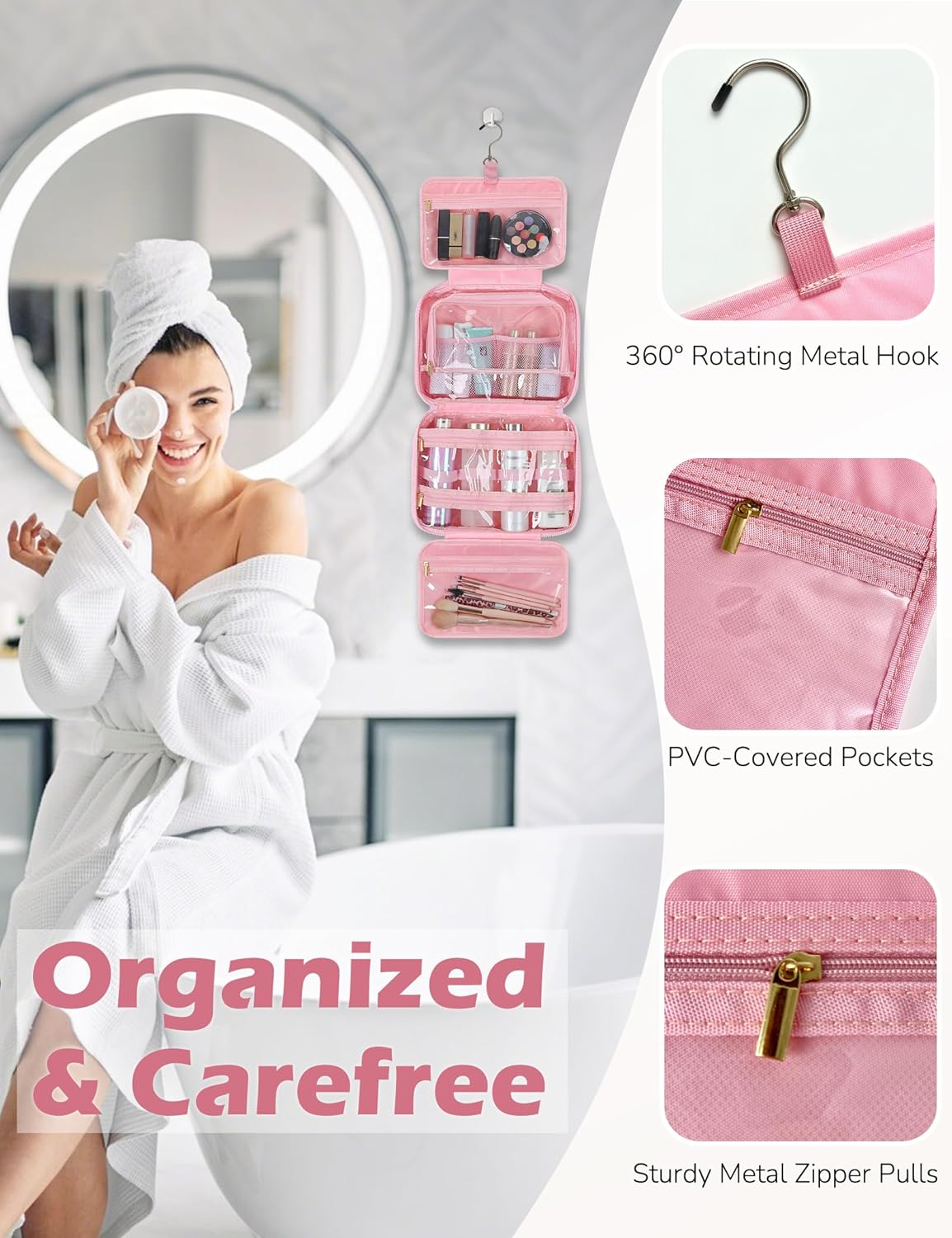 Travel Toiletry Bag for Women, Wide-Open Makeup Pouch,Hanging Toiletry Bag with Hook,Travel Storage Organizer for Skin Care Cosmetics Toiletries Full Sized Container (White) - White image number 1