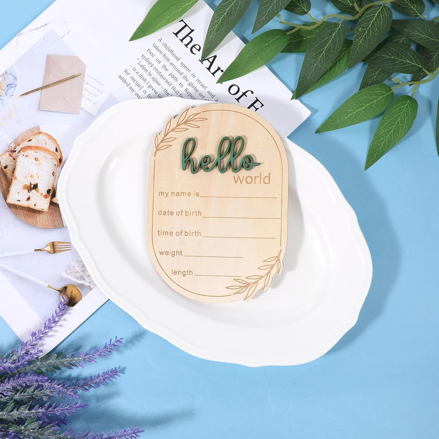 Baby Announcement Sign, 5.9 Inch Wooden Hello World Newborn Signs Birth Baby Name Plaques Birth Announcement Sign for Newborn Boys and Girls Photo Prop Ba-By Shower Hospital Nursery Gift image number 3