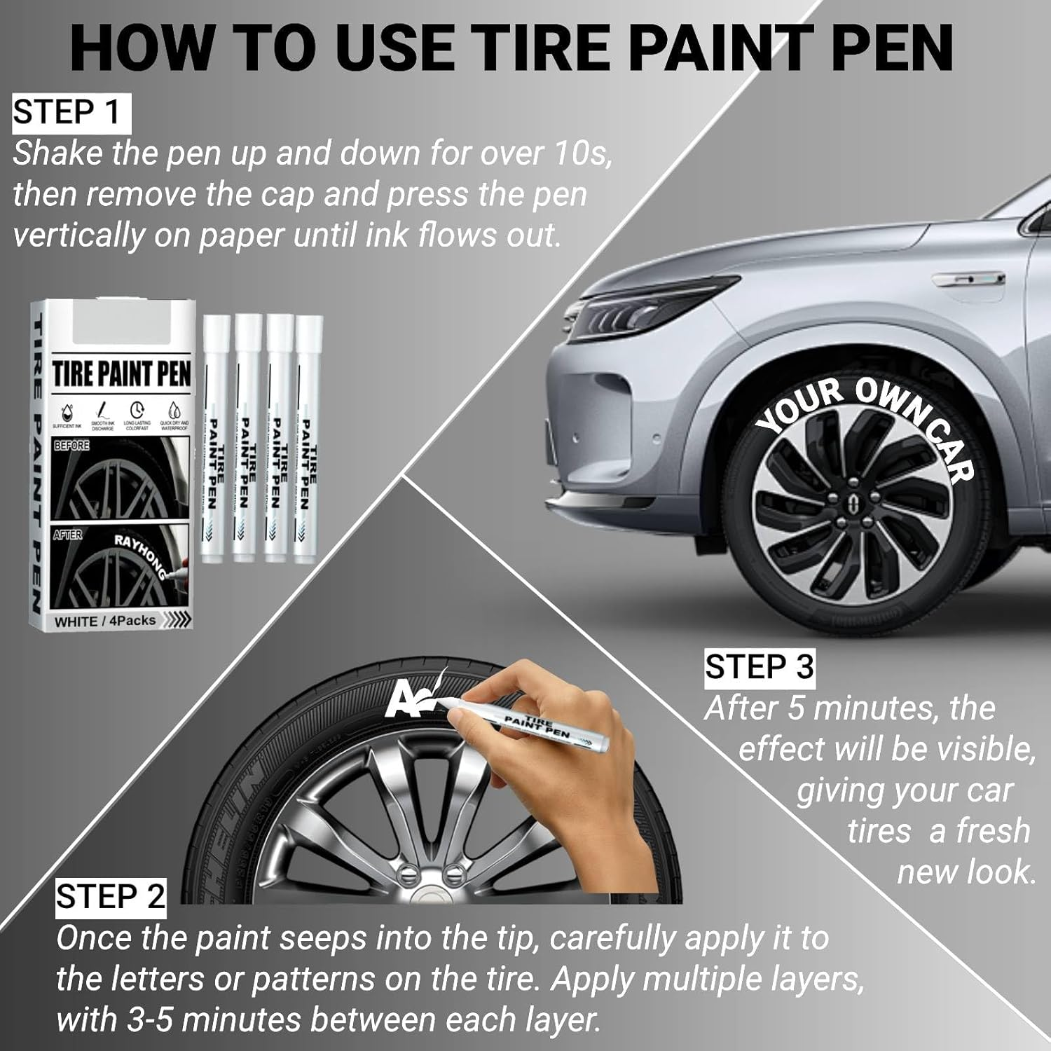 White Car Tyre Marker Pen, 4 Pieces, Fine Tip, Waterproof, Letter Print, 0.3Mm, Alcohol Ink Base, Tire Pen image number 6