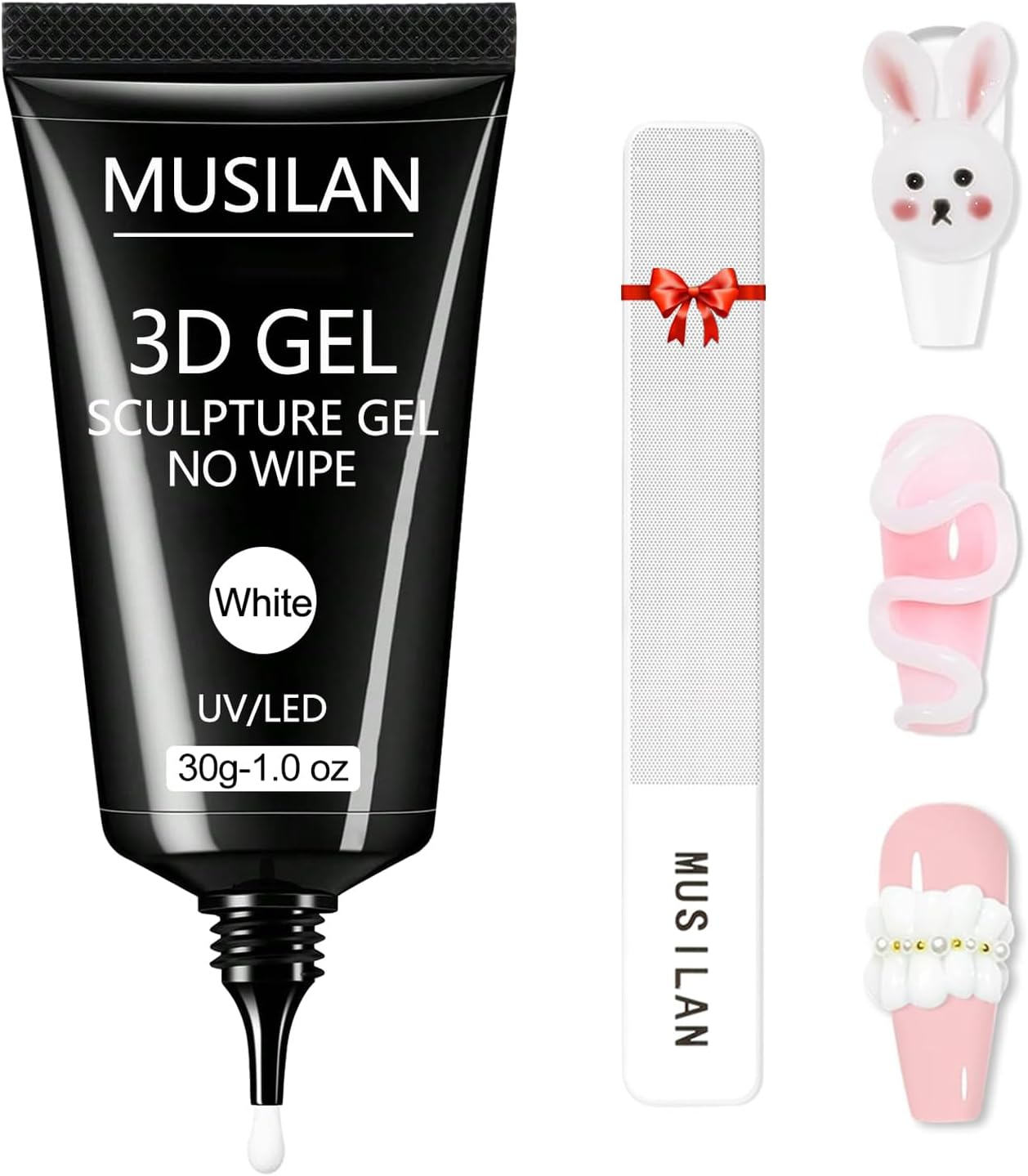 3D Nail Gel Art - 30G White Nail Sculpting Gel for Nails Tips,Molding, Drawing, Nail Charms & Gems, Chrome Powder and Rhinestone Design No Wipe, UV Curing Needed Salon & DIY Use