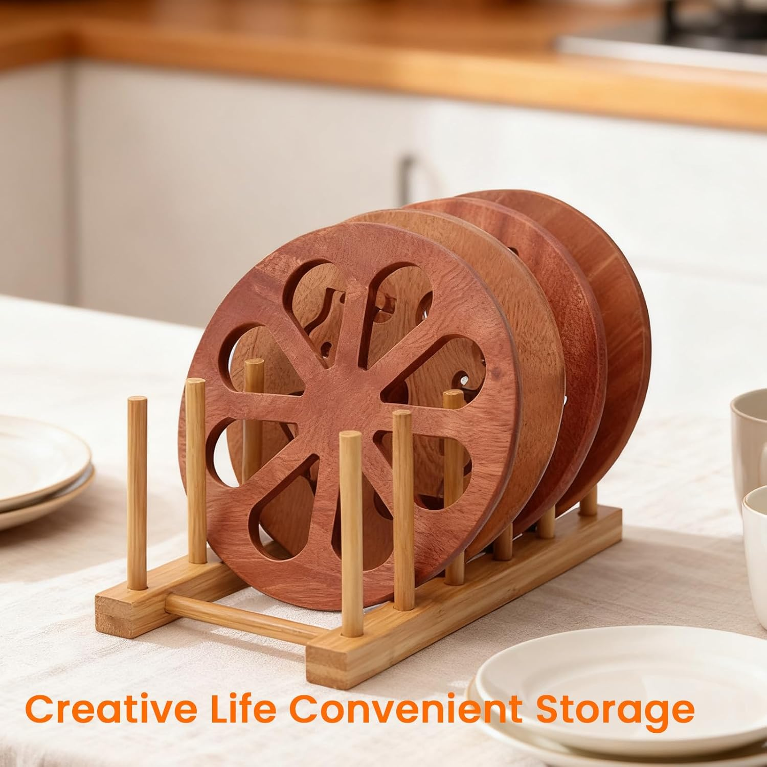 4-Grid Bamboo Wooden Dish Racks Plate Stand Holder Vertical Drainer Kitchen Cabinet Organizer for Dish, Pots, Lids, Bowls, Cups, and Cutting Boards and Books(22 X 11.5 X 10 Cm) image number 3