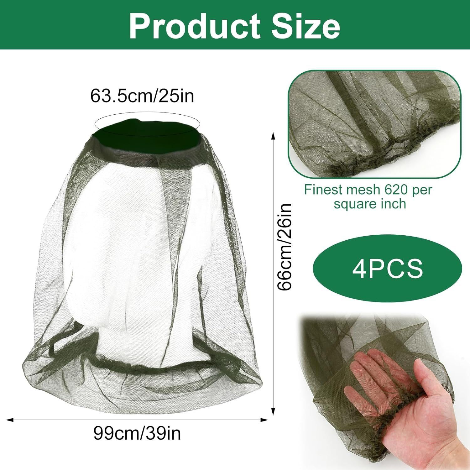 4 Pcs Head Net Mesh Face Neck Protection, Ultra Large & Long, Extra Fine Holes for Camping, Hiking, Fishing, Lightweight & Breathable Head Net Design, Fits All Hats for Men & Women