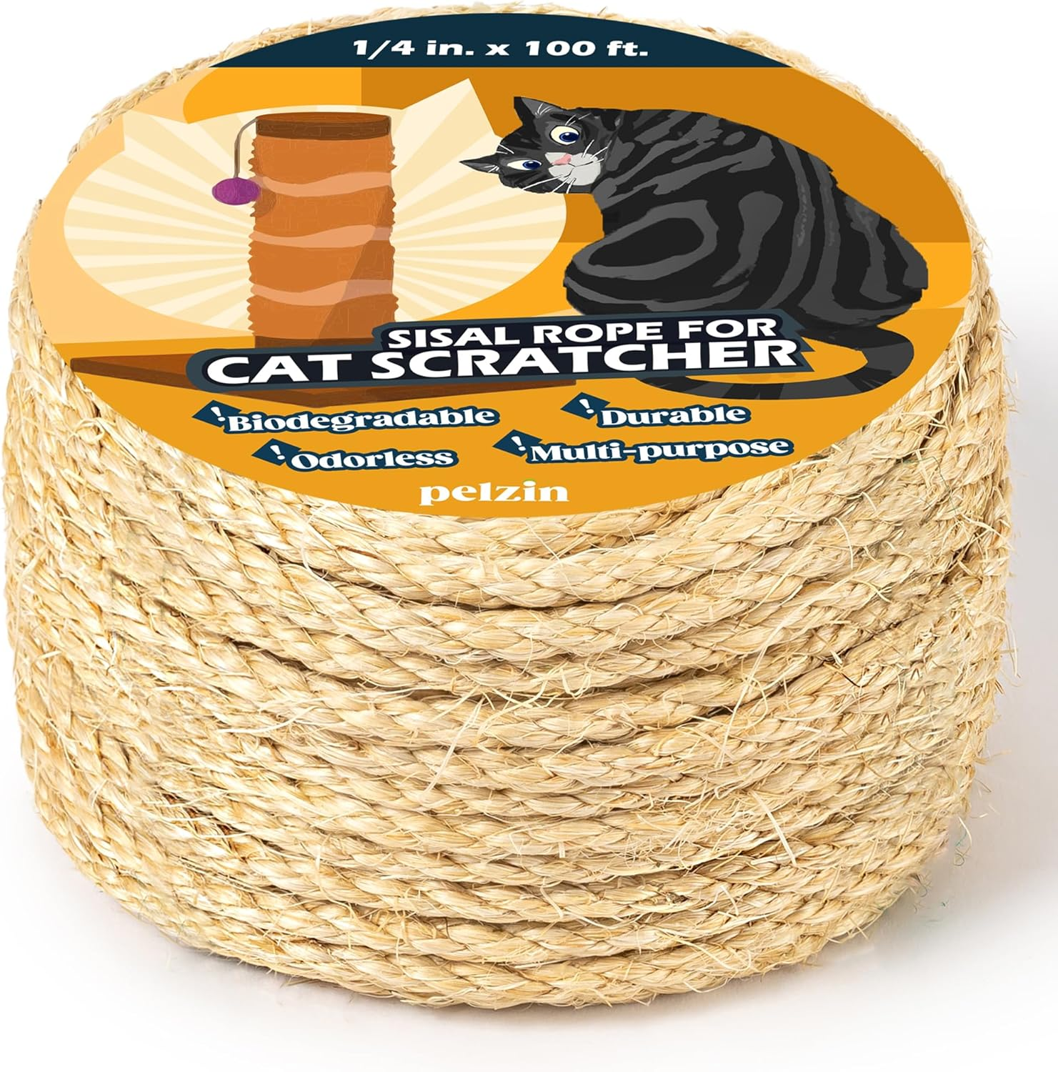 PELZIN Natural Sisal Rope for Cat Scratcher 6Mm X 30M, Cat Scratching Post Replacement Rope, Cat Tree Twine for Scratching Post Repair, Recover, Replace and DIY, Natural image number 2