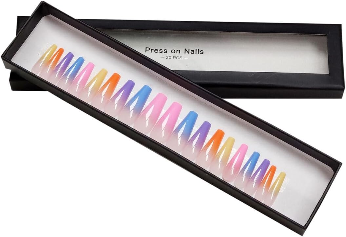 Press on Nails Fake Long Coffin Nail Tips Rainbow Ombre 20 Pcs