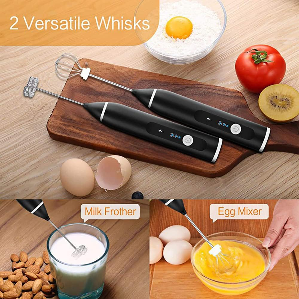 Milk Frother, Handheld Electric Frother 3 Speeds Foam Maker Drink Mixer Egg Beater,Usb Rechargeable Drink Mixer Foam Maker with 2 Stainless Steel Whisks for Latte, Cappuccino, Coffee, Hot Chocolate, Double Whisk for Foam Making Cream, Frappe, Matcha image number 2