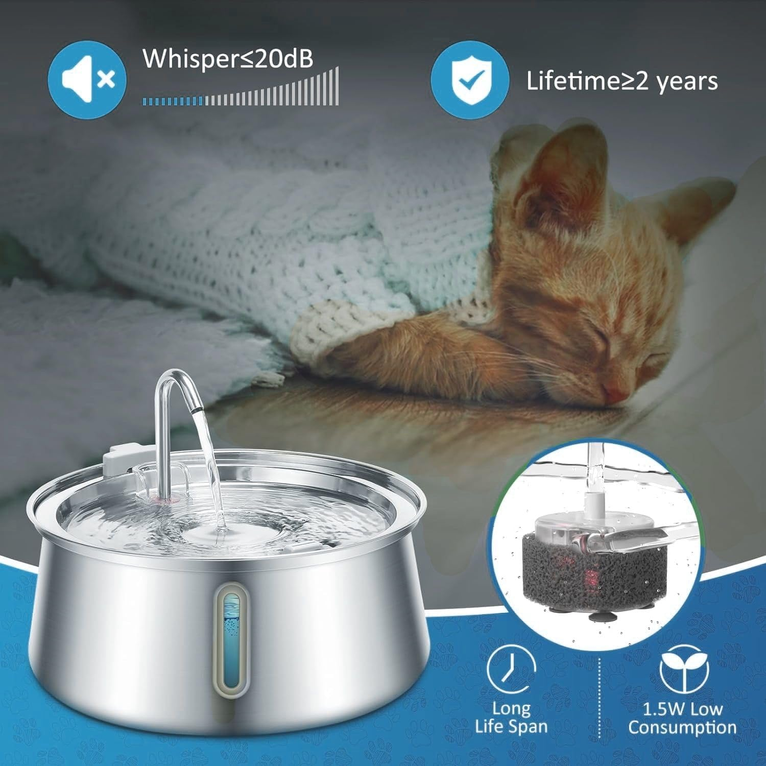 AUSWAY Cat Water Fountain Stainless Steel, 4L Pet Water Fountain with Water Level Window,Ultra Quiet Dog Water Dispenser with Filter and Sponge Faucet Water Fountain for Pet image number 5