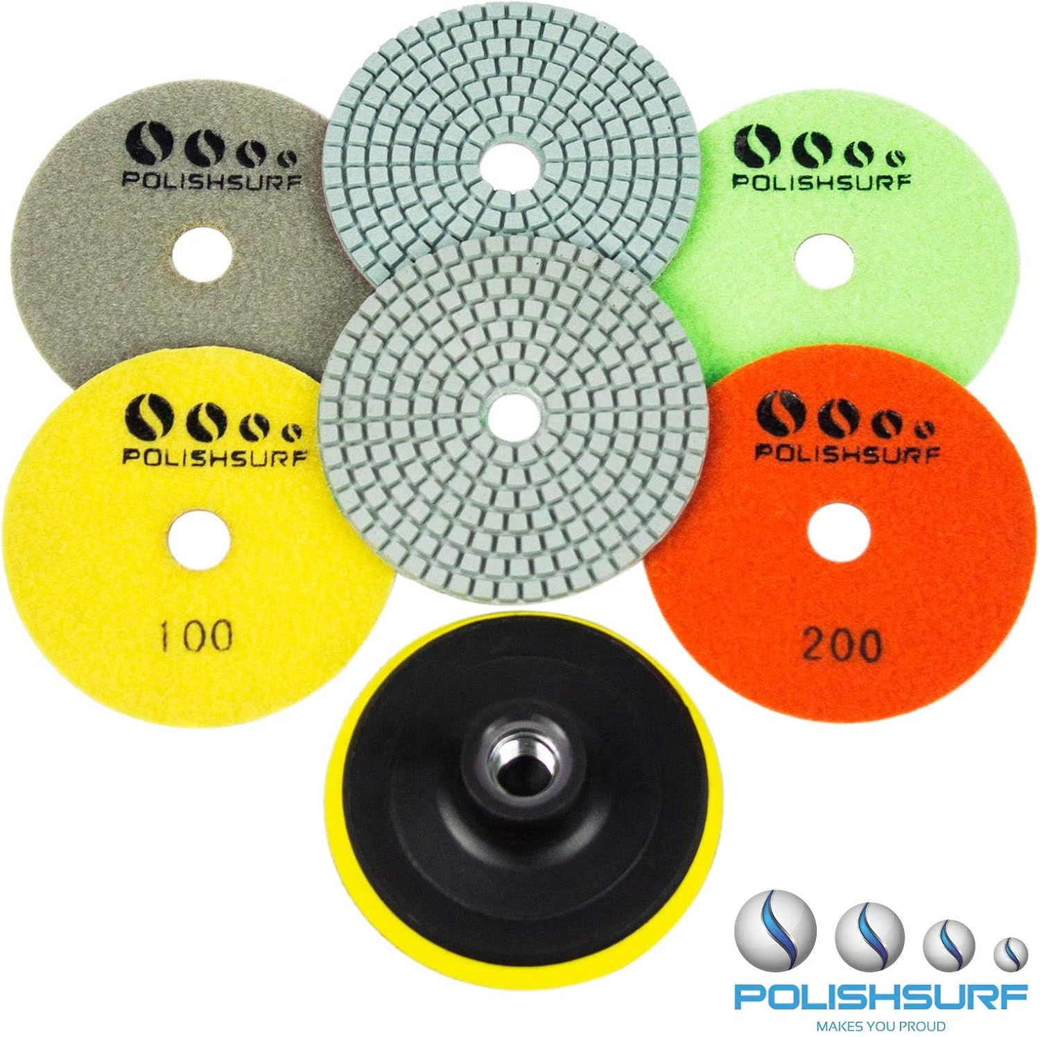 POLISHSURF Diamond Polishing Pads 4 Inch Wet Dry Set 7 Pieces for Concrete Marble Quartz Stone Countertop Granite Polishing - By image number 2