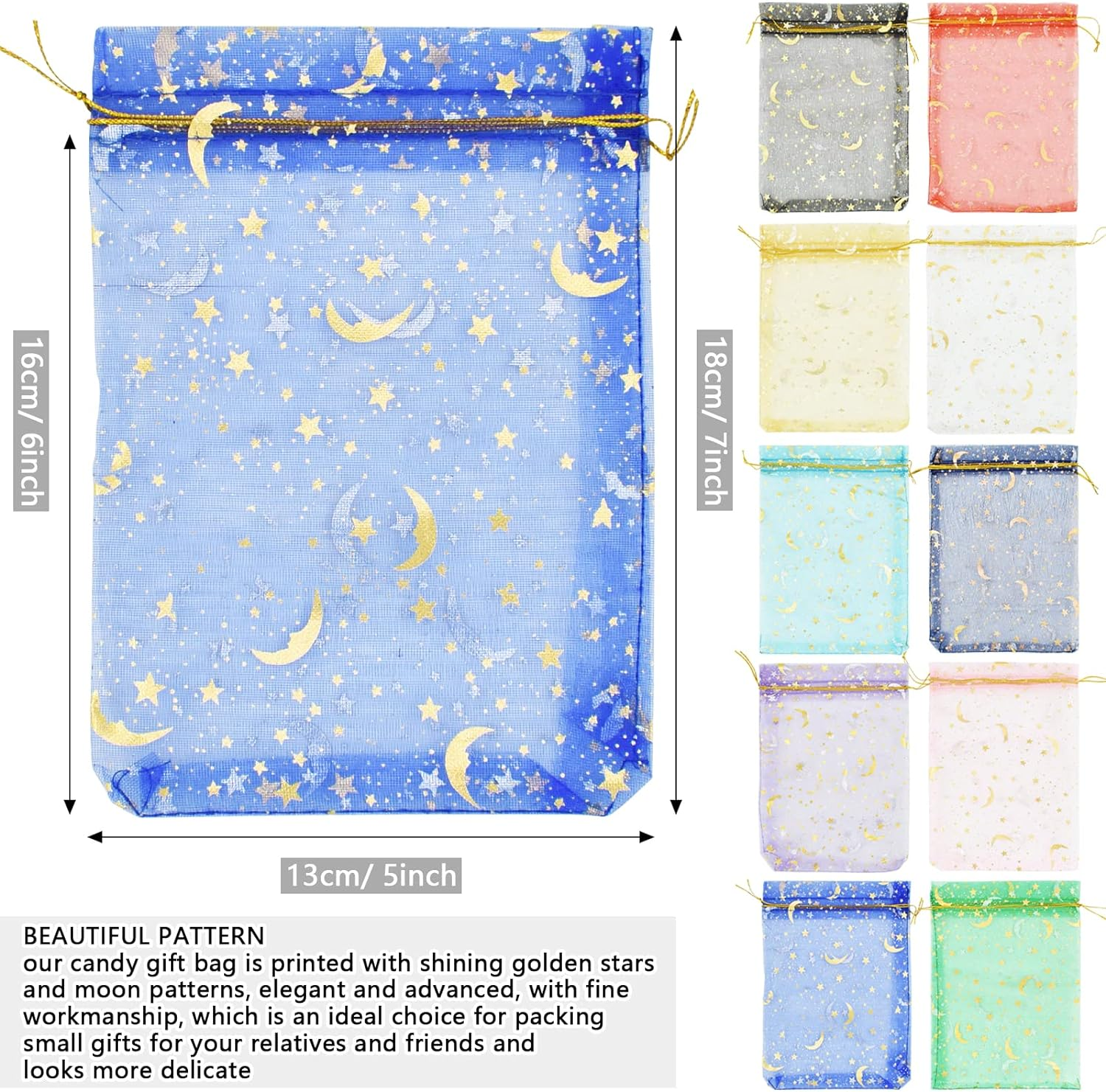 100PCS 5X7" Organza Gift Bags 10 Color Wedding Favor Bags Jewelry Gift Bags Candy with Drawstring for Party, Jewelry, Christmas, Festival, Makeup Organza Favor Bags (Moon Star) image number 3