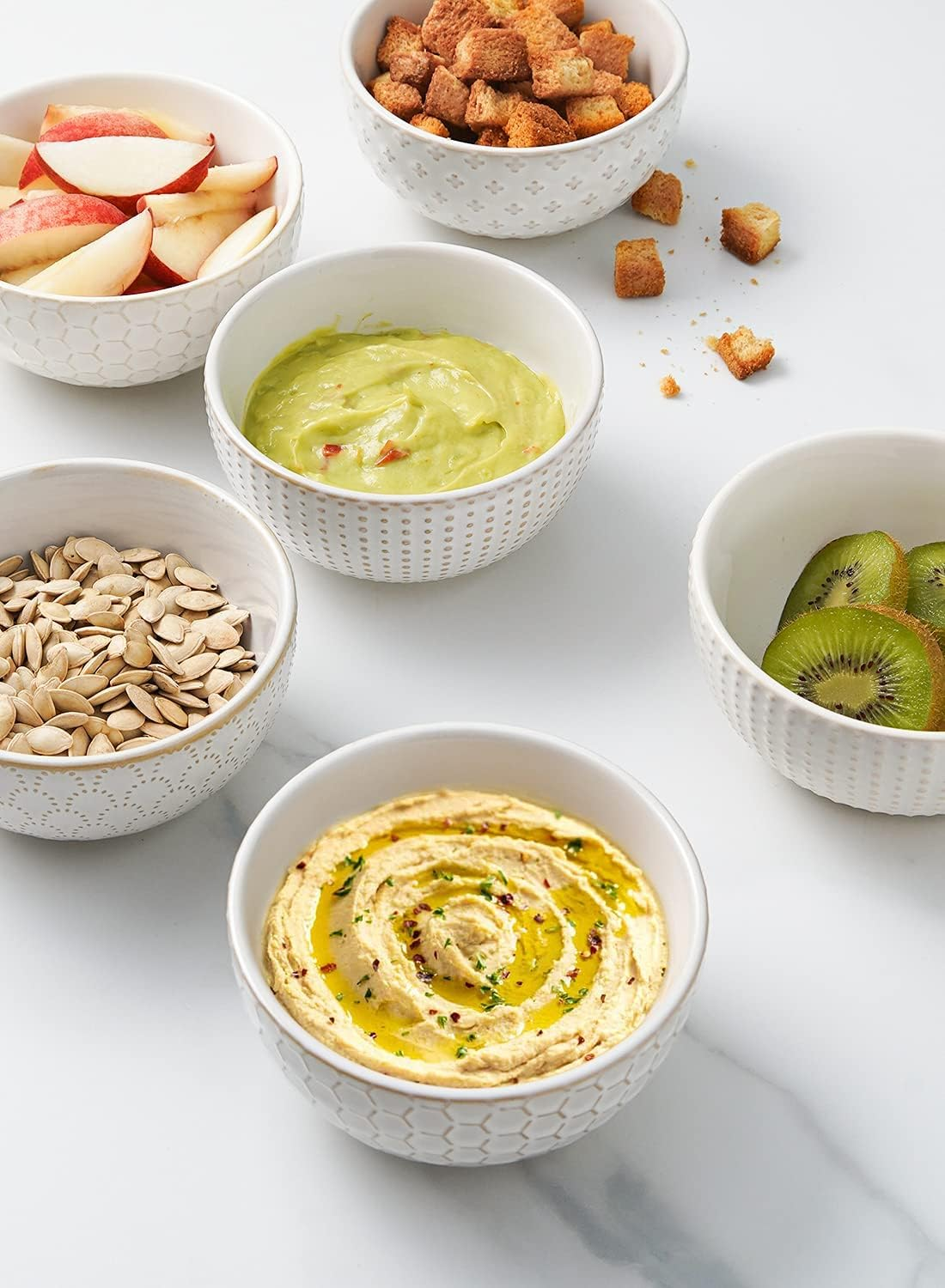 LE TAUCI Small Bowls 12 OZ, Ice Cream Bowl, Ceramic Embossment Stoneware Bowl, Bowls Set for Dessert, Fruits, Side Dishes, Suit for Housewarming - 4.5 Inch, Set of 4, Arctic White image number 2