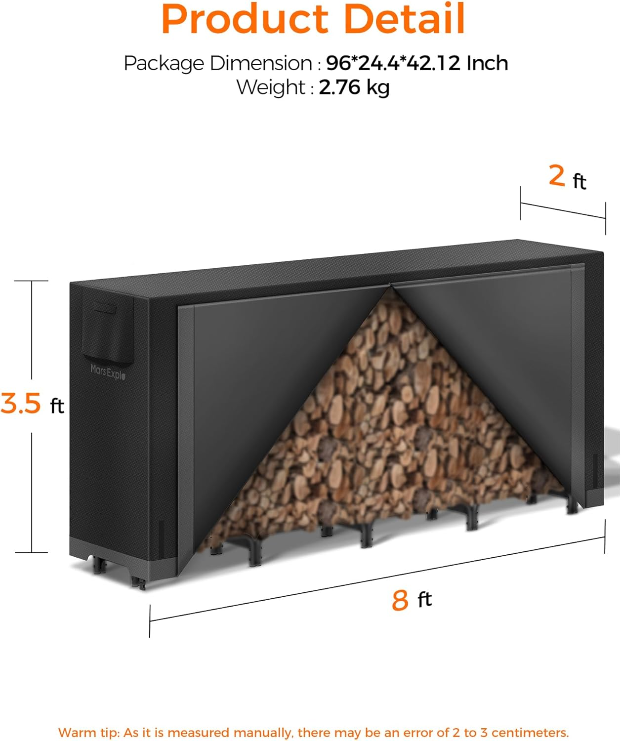 8Ft Firewood Rack Outdoor with Cover, Heavy Duty Wood Racks Outdoor for Firewood, Indoor Firewood Storage Log Rack with Cover Wood Holder Set Black image number 4