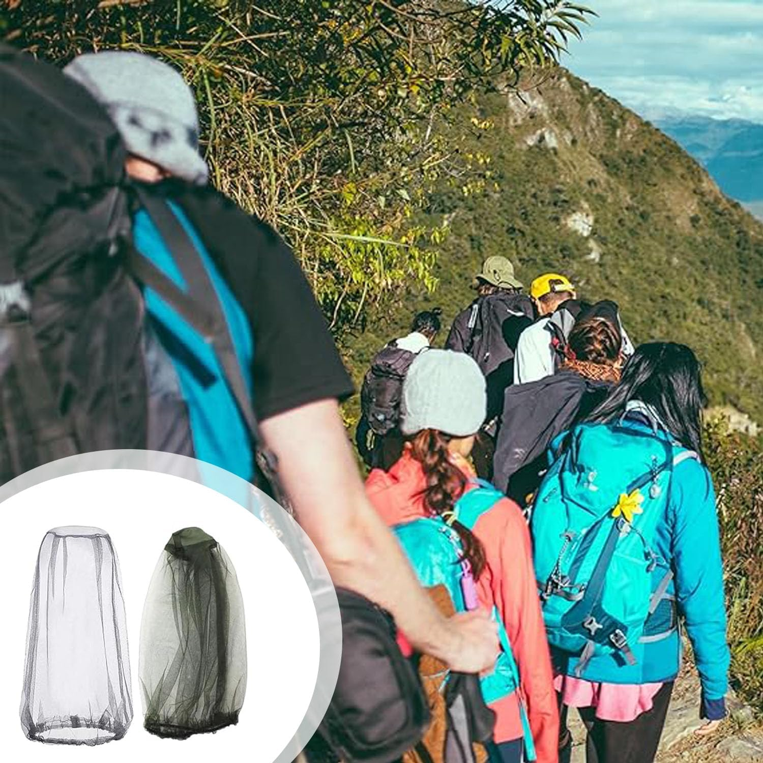 2 PCS Mosquito Head Net Mesh with Drawstring,Mosquito Net Hat Bug Net Face Neck Cover, Outdoor Hiking Camping Climbing Mosquito Fly Insects Bugs Preventing,Universal Size (Green & Black) image number 5