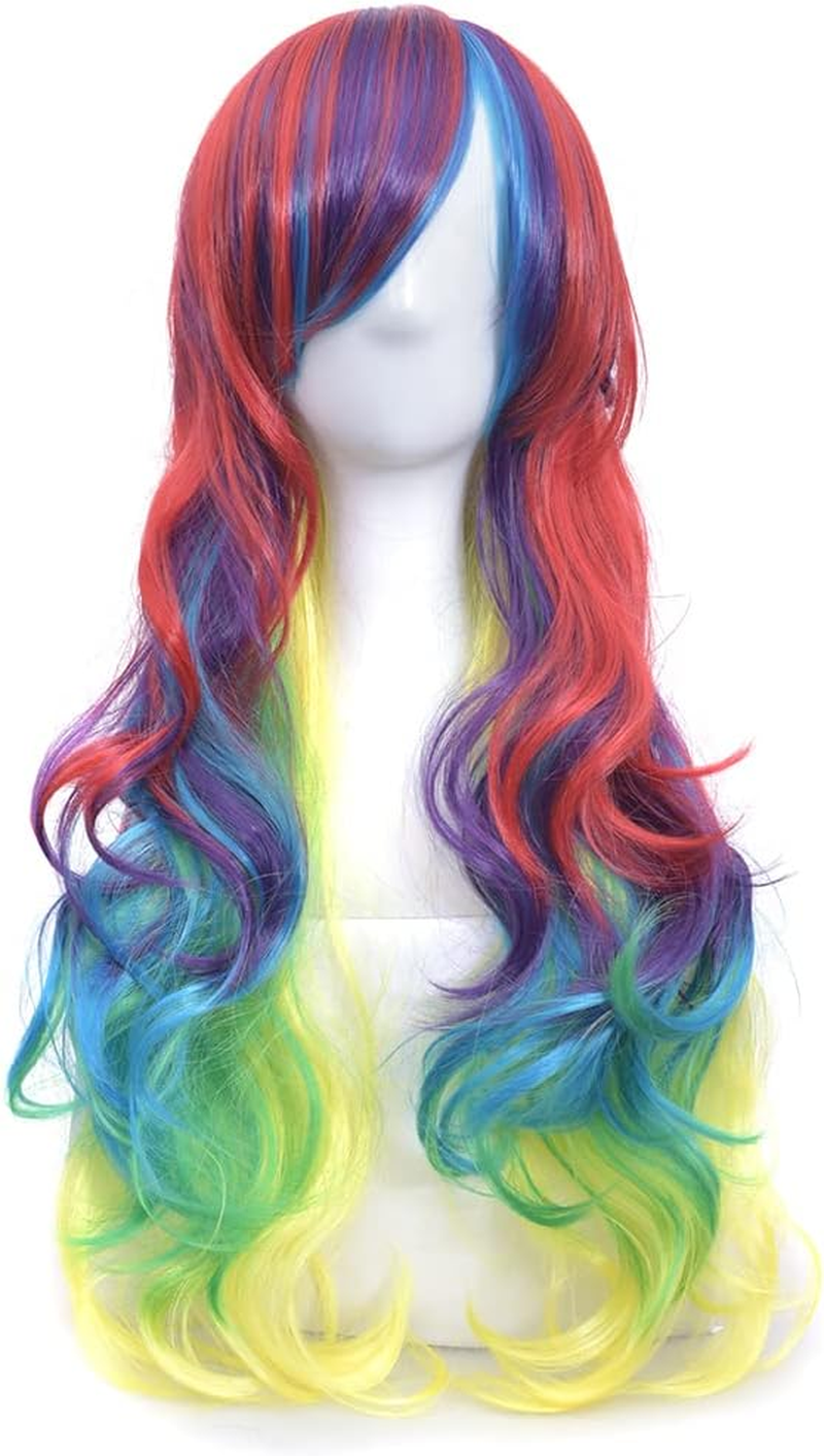 IMISSU 26'' Long Natural Hair Wigs Cosplay Wig with Bangs Colorful Halloween Costume Party Wigs for Women (Red Green Yellow) - Green image number 6