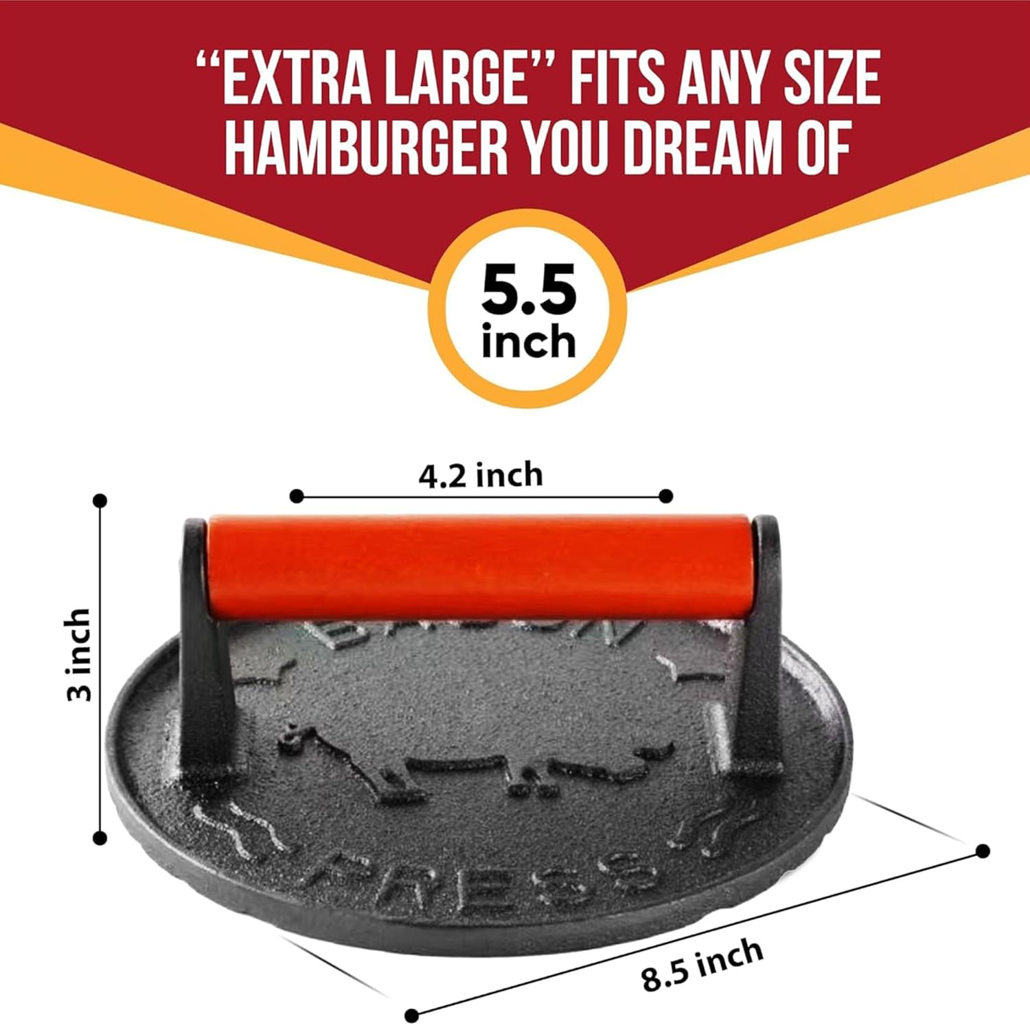 OMGWYSIWYG Burger Press Professional Heavy Duty Cast Iron Hamburger Smasher Tool for Blackstone Griddle Grill,Smashburger, Bacon, Ground Beef Meat, Steak, Sausage, Sandwich Cooking【7.2 Inch Round】 image number 3