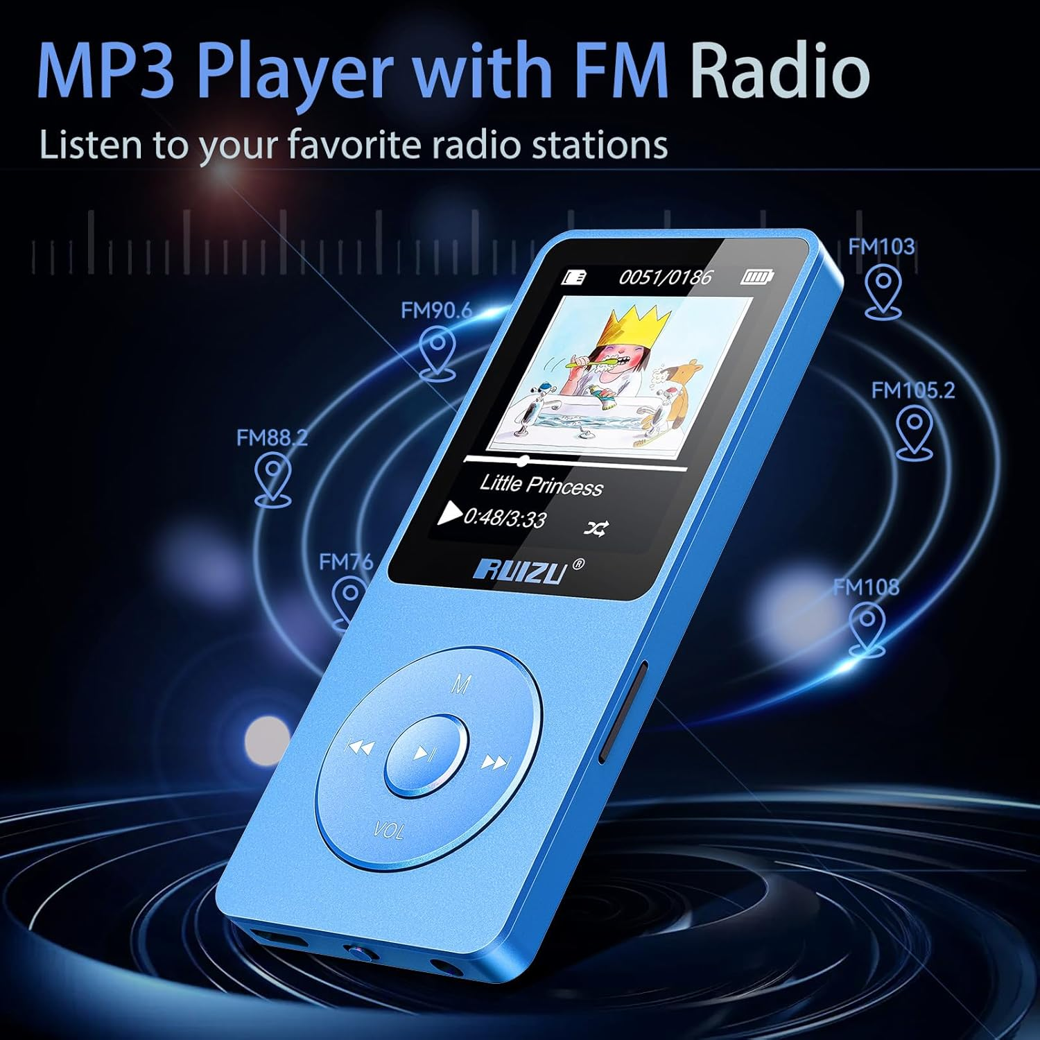 RUIZU 64GB MP3 Player with Bluetooth 5.3, 1.8 Inch Screen, 30Gram, Portable Music Player for Sports Running, FM Radio, Voice Recorder, Digital Audio Shuffle Playback, Support 128GB Micro SD Card, Blue