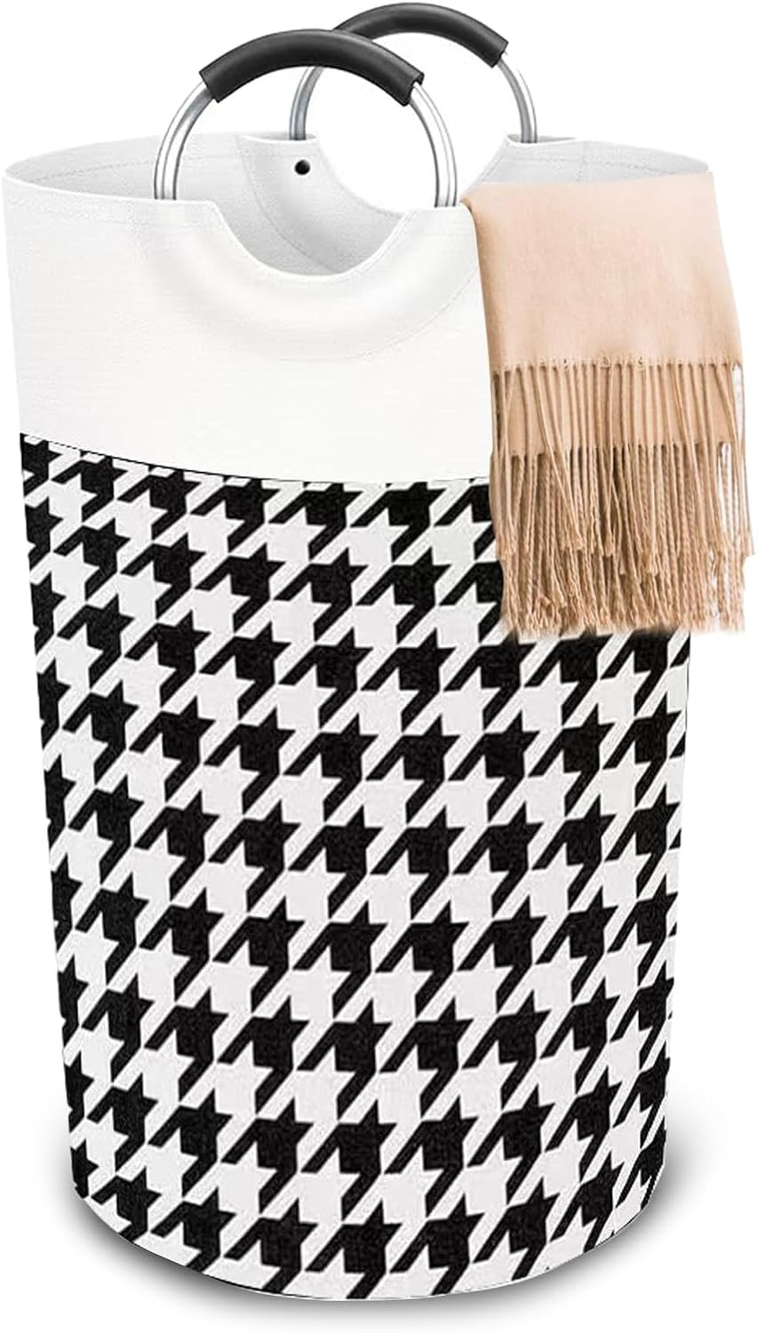 Large Laundry Basket, Collapsible Cotton Linen Hamper with Foam-Protected Aluminum Handles, for Clothes and Toys, Dorm and Home Use (Houndstooth Pattern)