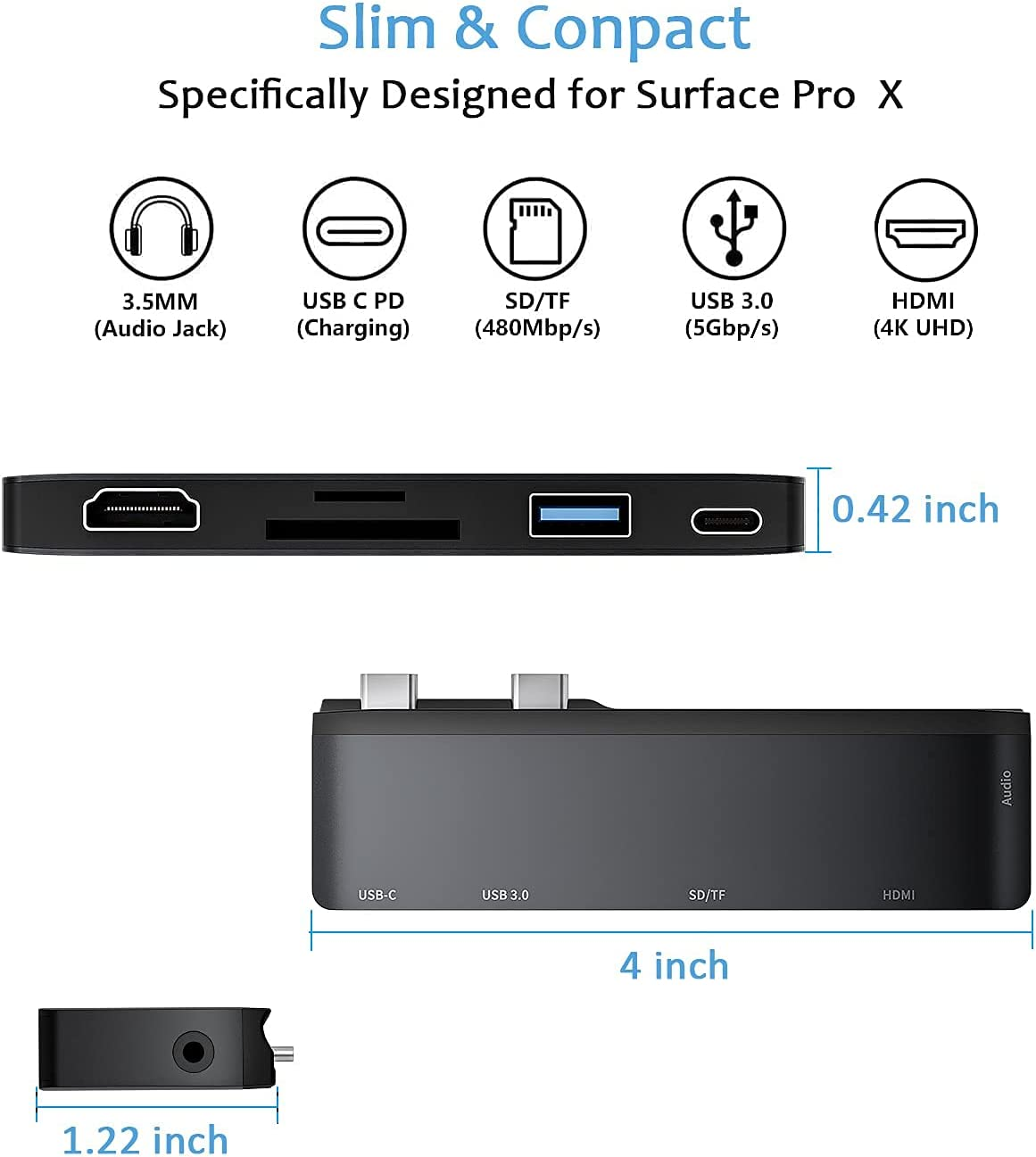 RREAKA Surface Pro 9/10/11/X Accessories Docking Station with 4K HDMI, USB-C Thunderbolt 4 (Display+Data+Pd Charging+3.5Mm Audio), USB 3.0, SD/TF Card Reader for Surface Pro 9/Pro10/Pro11/Prox image number 2