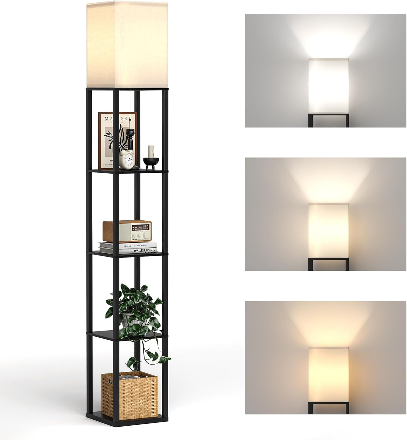 Floor Lamp with Shelves, Modern Square Shelf Lamp with 3 Color Temperature Bulb, Corner Storage Display Bookshelf Standing Floor Lamp for Living Room Bedroom Office-4 Layer image number 5