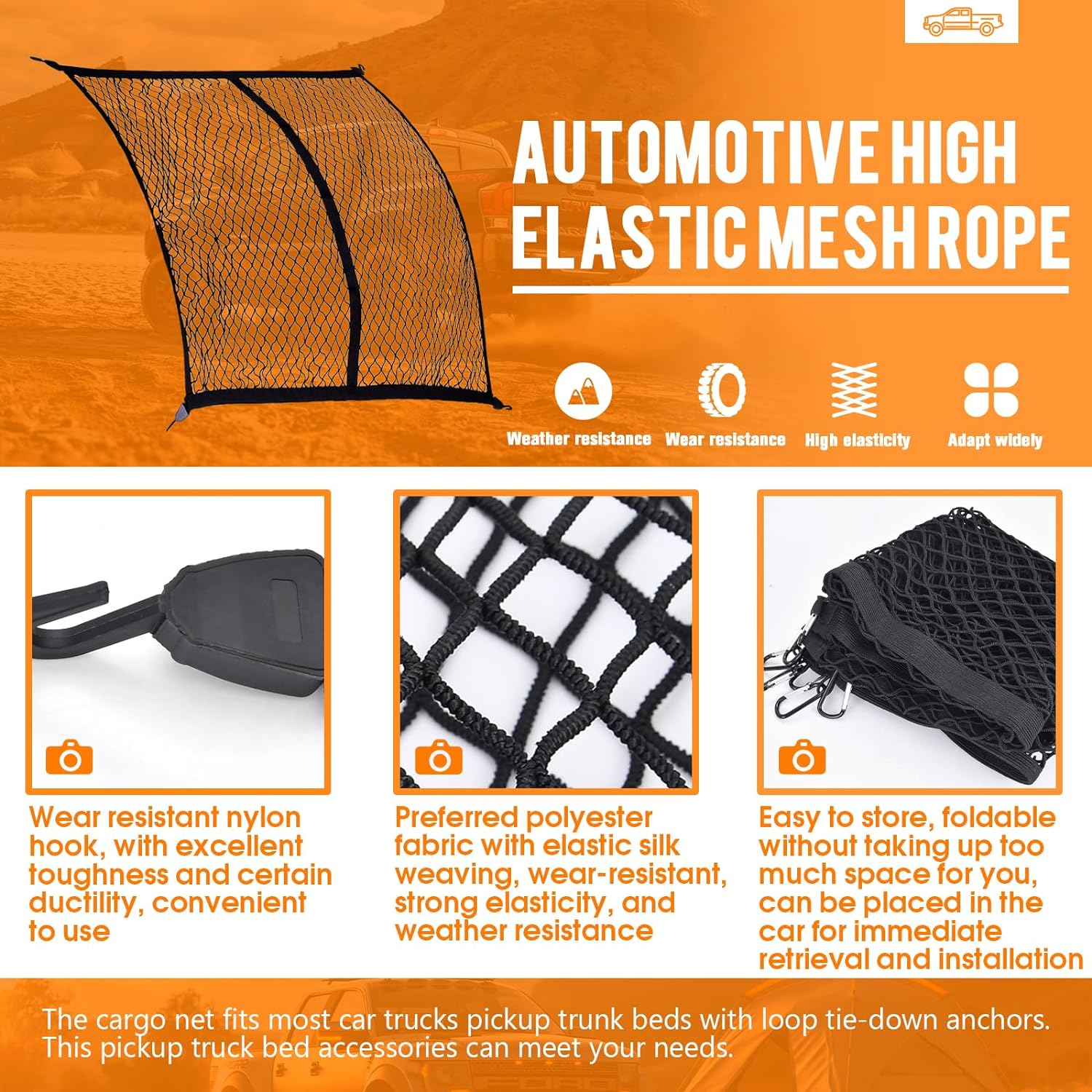 Ziyue Cargo Net for Pickup Truck Bed Highly Elastic Mesh Truck Bed Organizer for Daily Light Loads of Trucks SUV ATV Boat 4'X4' Stretches to 7'X7' image number 6