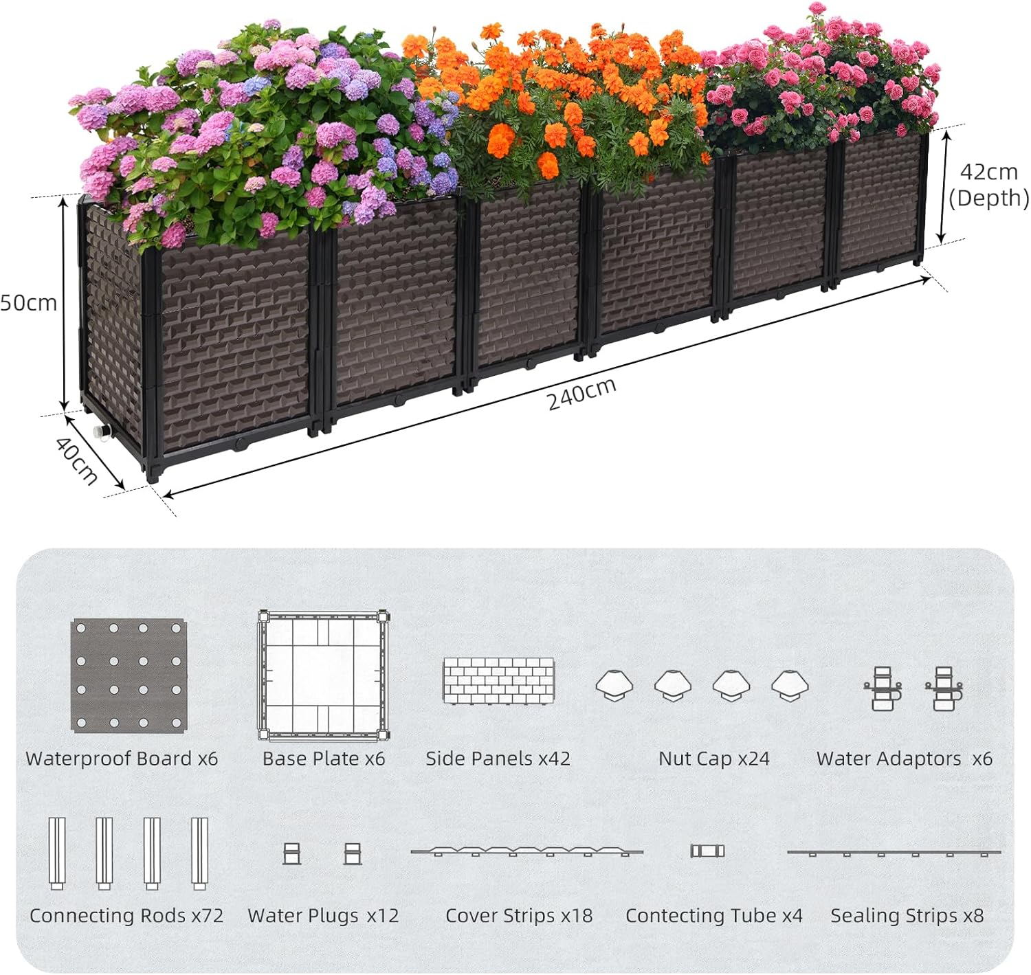 Giant Raised Garden Bed Self Watering Kit 50Cm Deep, 240Cm Family-Size Outdoor Planter Box, Super Long Elevated Garden Bed for Urban Farming, Grow Vegetables, Flowers & Herbs