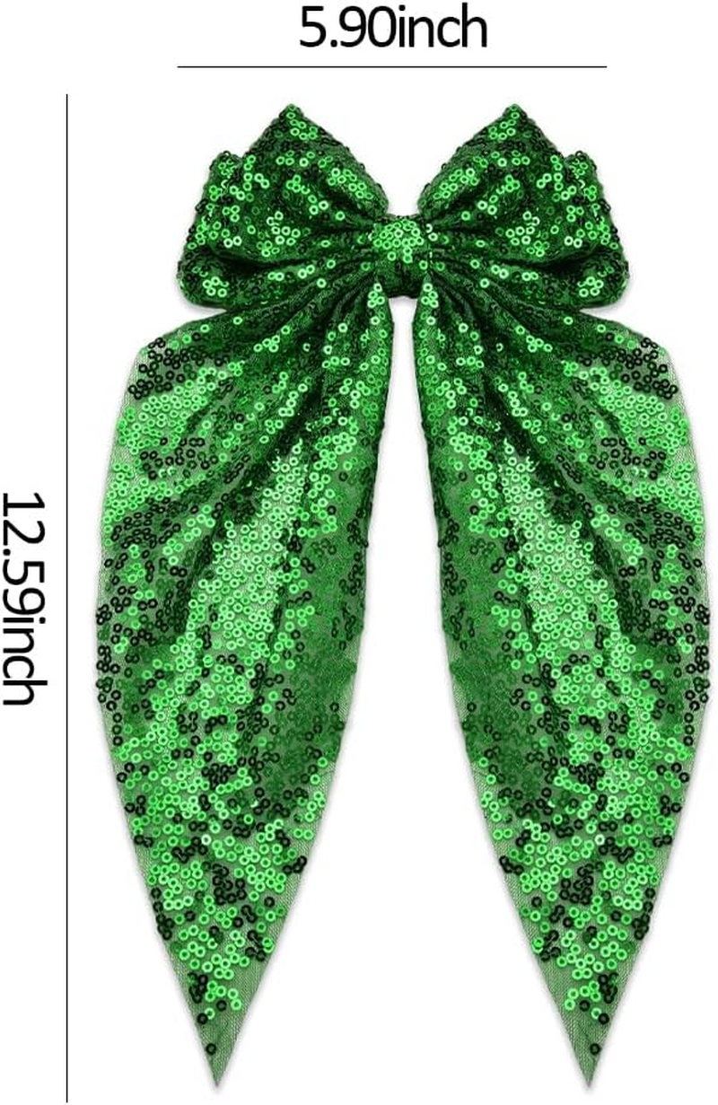 Sparkly Hair Bows for Girls Big Green Hair Clip Metal Clips French Ribbon Bowknot Hair Barrettes for Women Party Oversized Long Tail Hair Bow Clips Bling Hair Accessories for Thick Thin Hair image number 1