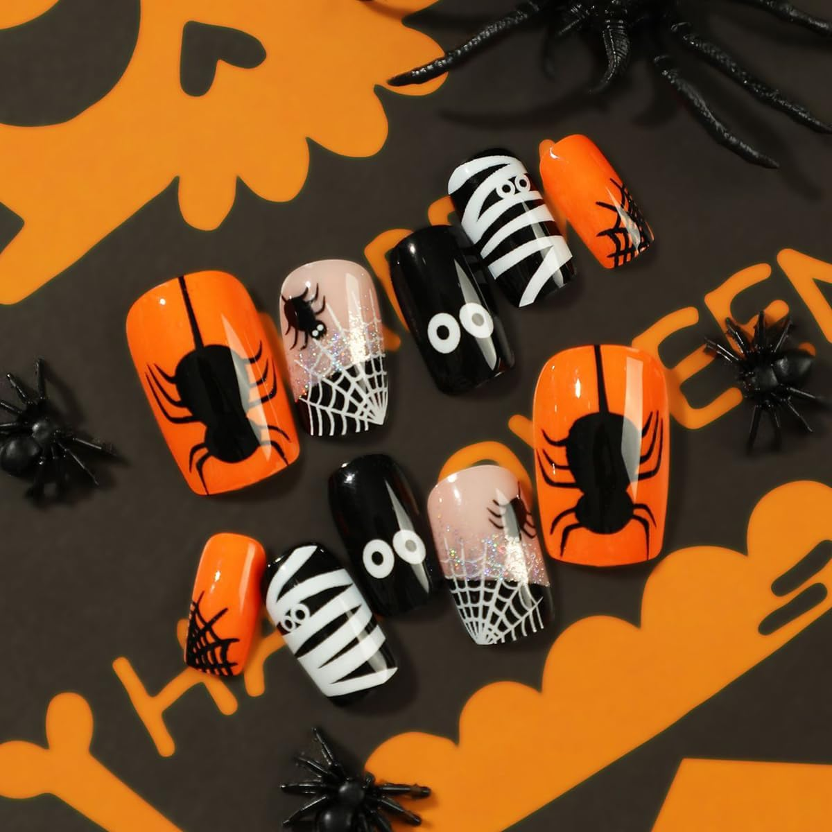 24Pcs Short Square Press on Nails Halloween Cute Fake Nails Black White Spider Web Cartoon Print Glossy Stick on Nails for Women DIY Manicure - Black Pink image number 6