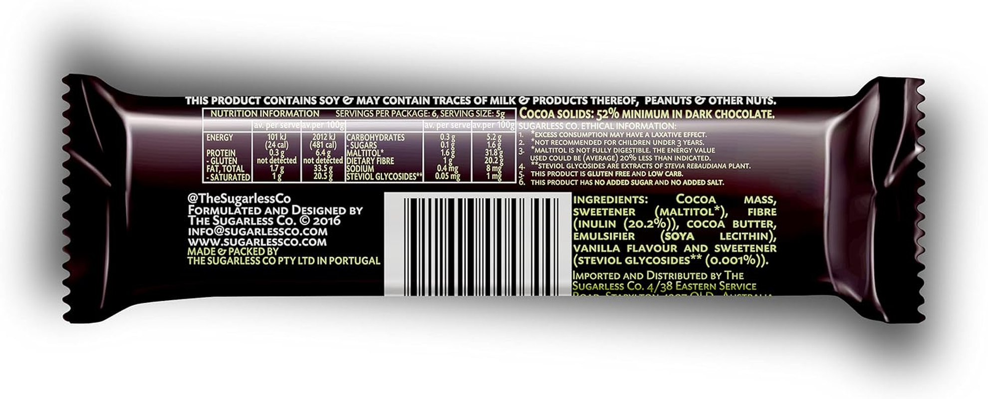 Sugarless Confectionery Dark Chocolate Snack Bar 30G