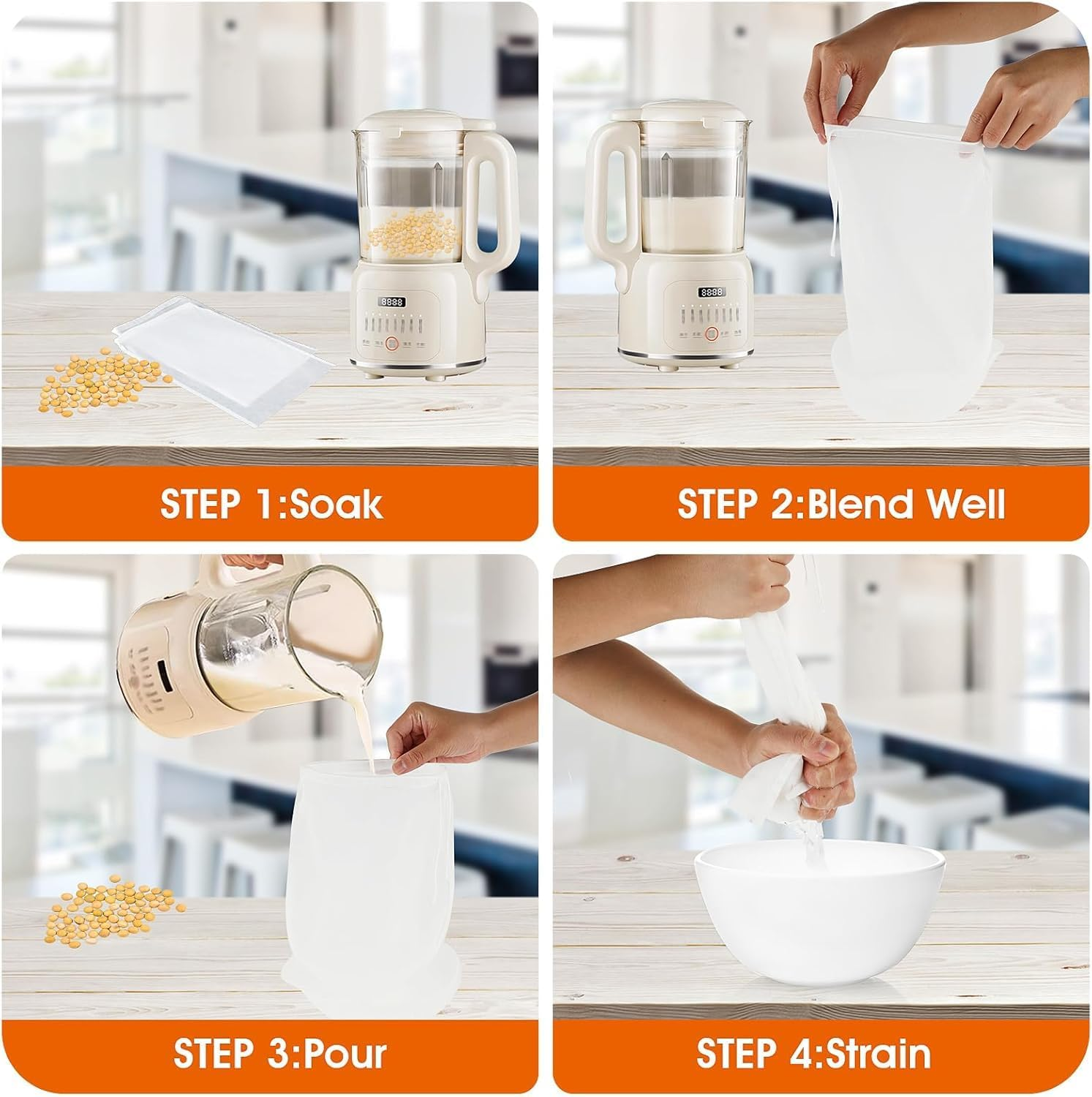 3 Pcs Reusable Nut Milk Bag, 100 Micron Reusable Food-Grade Nylon Cheese Cloth Bag Strong Fine Mesh Strainer Bags with Drawstring for Straining, Cold Brew Coffee, Greek Yogurt, Tea,Juice image number 5