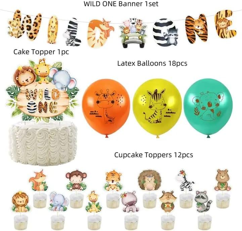 32Pcs Wild One Animal Jungle Safari Happy Birthday Cake Cupcake Banner Balloons Party Supplies Decoration for Babies Kids Children Toppers image number 2