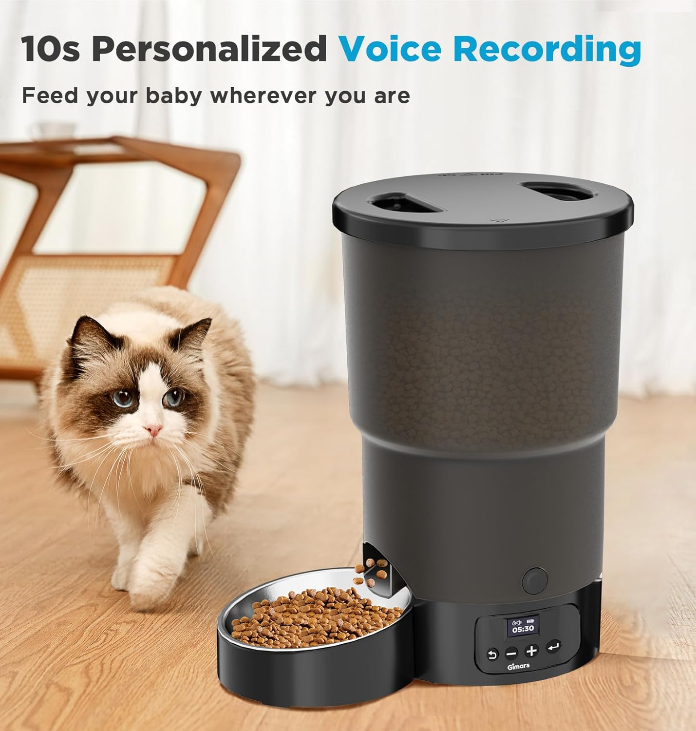 Gimars 5L/20 Cups Automatic Cat Feeder, Programmable 1-6 Meals Cat Food Dispenser with Stainless Steel Bowl, Easy Setup, Dual Power Supply,10S Meal Call Timed Pet Feeder for Cats and Small Dogs image number 4