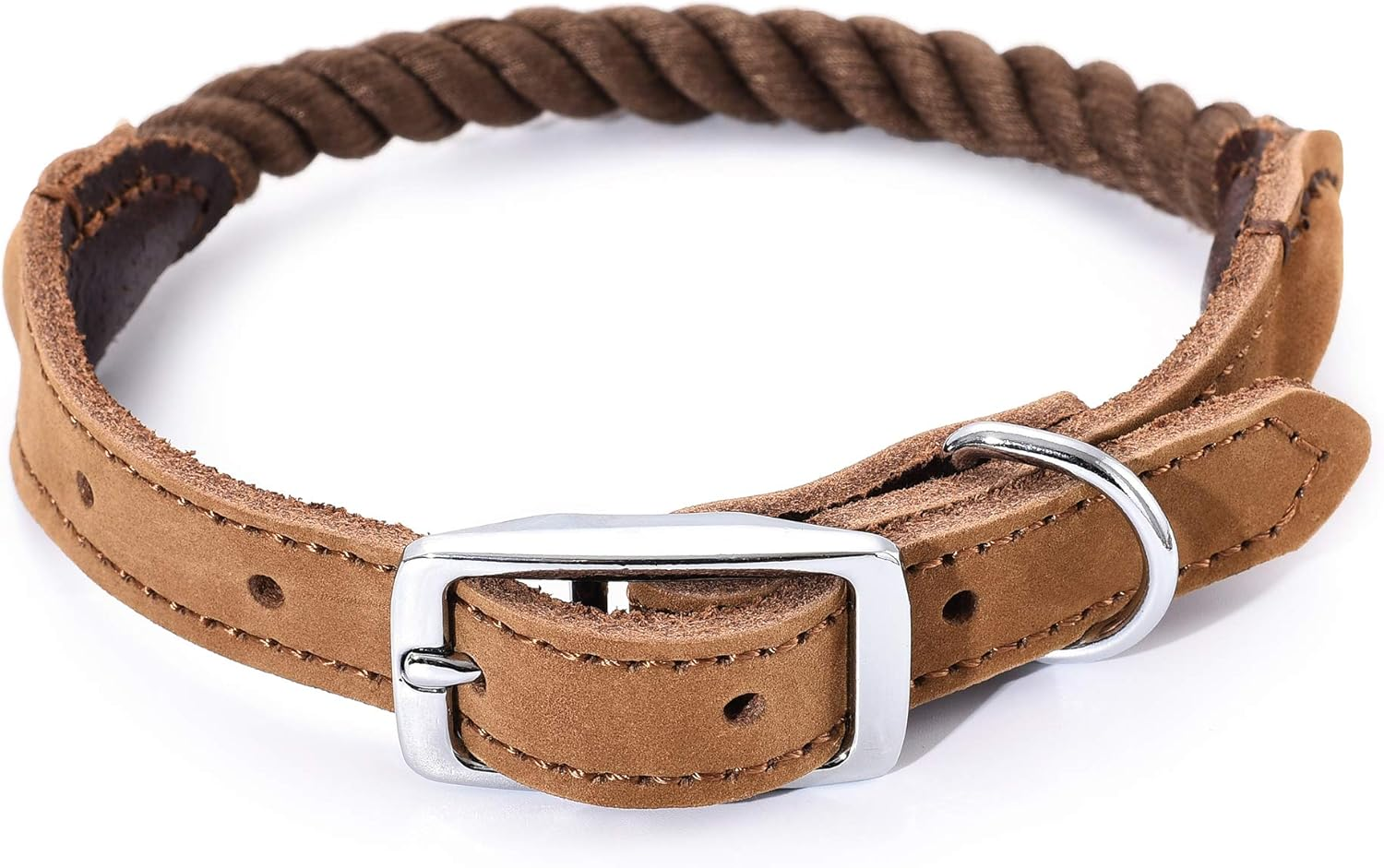 Mile High Life Premium Cotton Rope Dog Collar Made of Genuine Leather Stainless Steel Buckle Ring (M, Navy)
