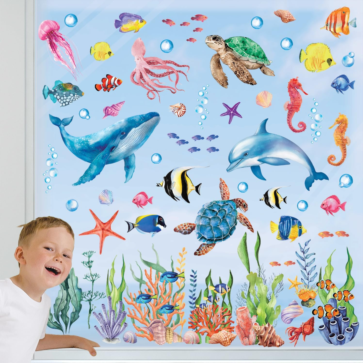 DECOWALL CDS9-9004 under the Sea Window Cling Stickers Ocean Fish Turtle Jellyfish Reuseble Waterproof for Kids School Playroom Nursery Bathroom Home Living Room D&eacute;cor - Double Sided Print image number 1