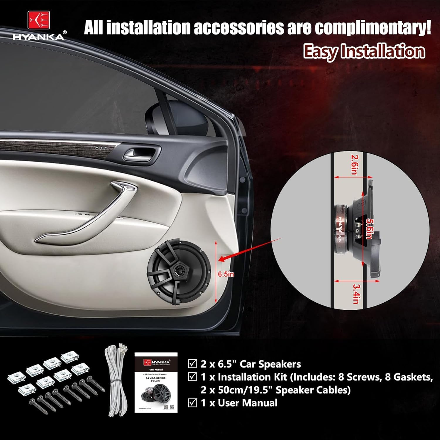 H YANKA 6.5 Car Speakers, Full Range Stereo 500 Watt Max 2-Way Coaxial Car Audio Speakers, Professional Car Door Speakers, Sound Stereo and No Distortion, Y30 Magnet Woofer and Ndfeb Tweeter （1 Pair） image number 5