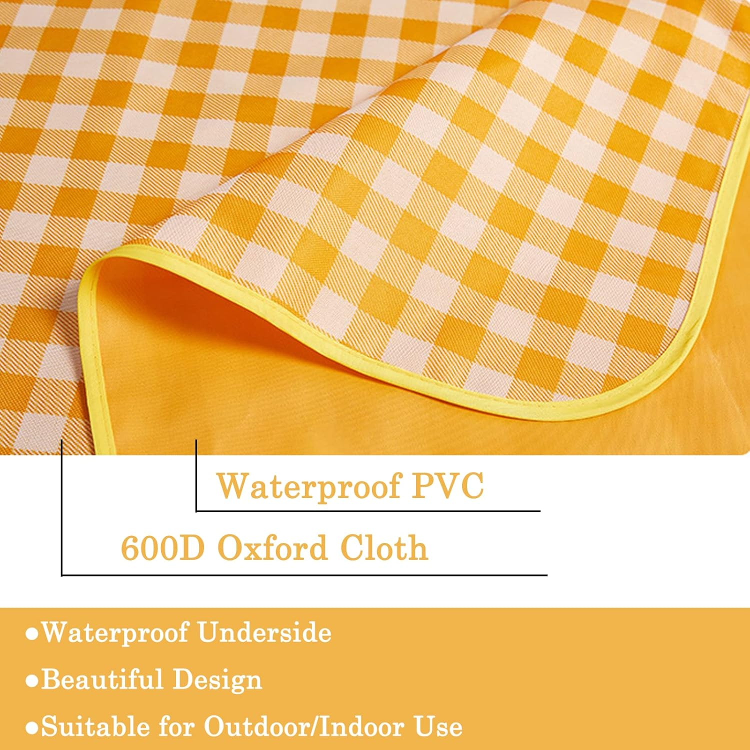 Large Outdoor Picnic Blanket, Foldable Waterproof Gingham Mat, Sandproof Picnic Rug for Beach, Camping, Hiking, Travel, Family, Park,Courtyard (Yellow, 200X300Cm) image number 2