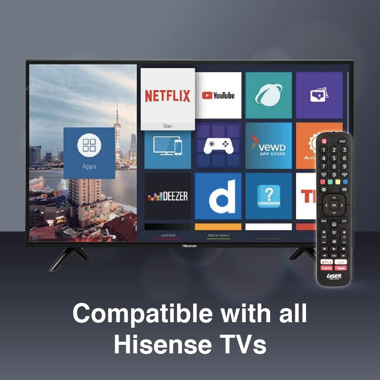 Laser Hisense TV Replacement Remote Control, No Setup Required, Lightweight Ergonomic Design, Easy to Use, Powered by 2 AAA Batteries, Compatible with Hisense Smart LED LCD Tvs image number 2