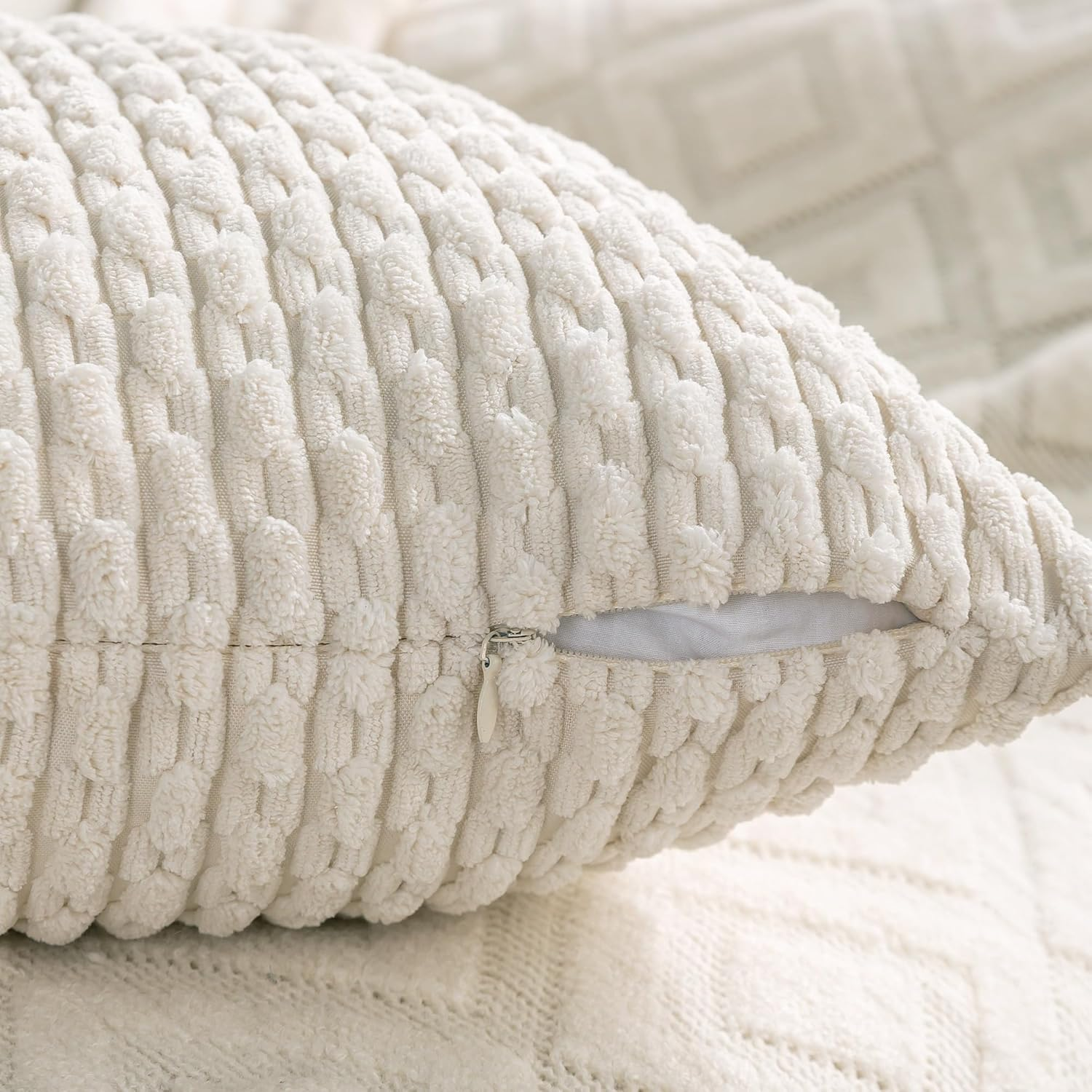 Cozoomy Set of 4 Cream White Decorative Throw Pillow Covers 18X18 Inch Corduroy Pillow Covers for Bed Couch Sofa Living Room Soft Square Cushion Cases