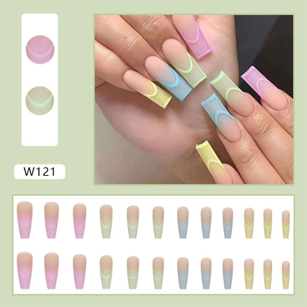 24PCS Cute Press on Nails Rainbow Coffin Fake Nails Full Cover False Nails Colorful Ballerina Nails Tips Acrylic Manicure with Glue for Women and Girls - Rainbow image number 4