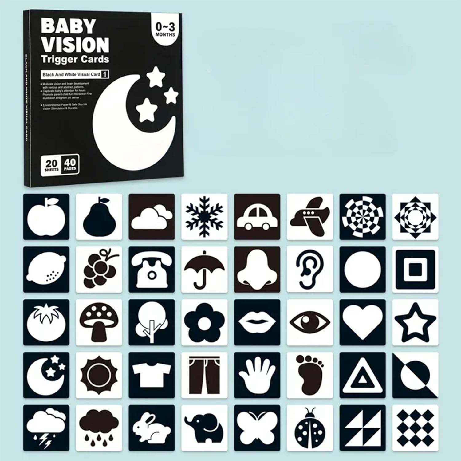 20PCS 40 Pictures Infant Contrast Baby Flash Cards for Visual Stimulation, Double-Sided Infant Flash Cards Black and White Newborn Brain Development Cards, for Babies Toddlers 0-3Months image number 1