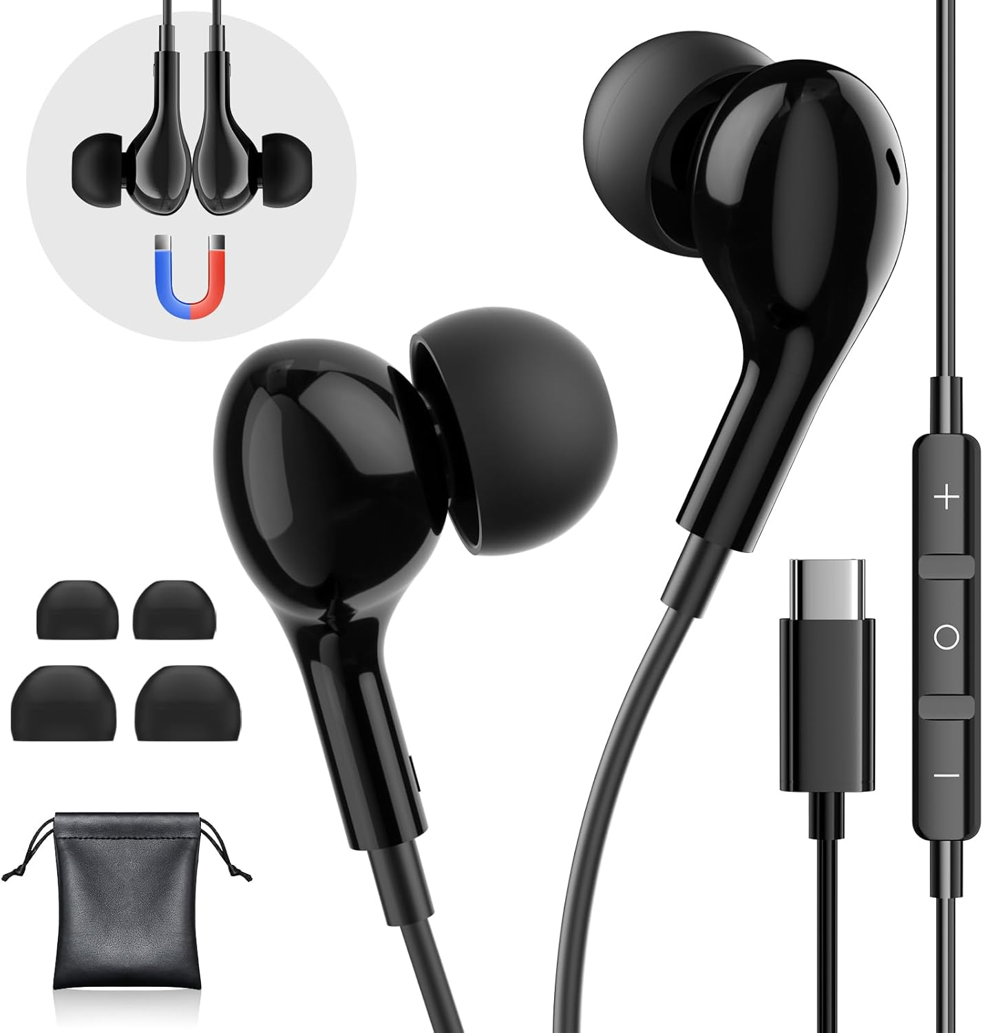 USB C Headphones Wired Earphones for Samsung Galaxy S24/S23/S22/S21 Ultra for Iphone 15 Pro Wired Earbuds with Mic Volume Control Stereo Noise Cancelling Type C Earbuds for Pixel 8/Oneplus 12, Black