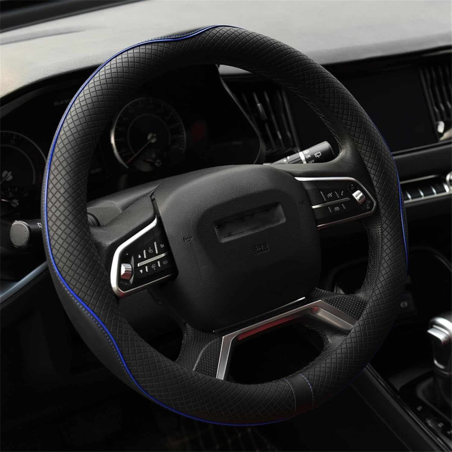Valleycomfy Car Steering Wheel Covers 37-39 Cm Steering Wheel Cover Faux Leather Universal Breathable Anti-Slip & Odour-Free Black with Blue Line