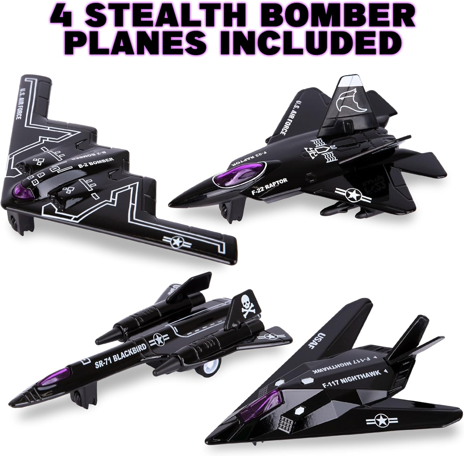 Artcreativity Diecast Stealth Bomber Toy Jets with Pullback Mechanism, Set of 4, Die Cast Metal Jet Plane Fighter Toys for Boys, Air Force Military Cake Decorations, Aviation Party Favors image number 1