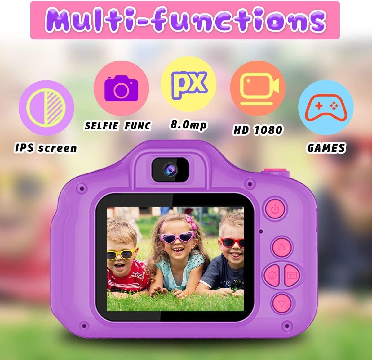 Upgrade Kids Selfie Camera, Christmas Birthday Gifts Toys for Children, HD Digital Video Cameras for Toddler, Portable Toy for 3 4 5 6 7 8 Year Old Boy Girl with 32GB SD Card (Purple) - Purple image number 6