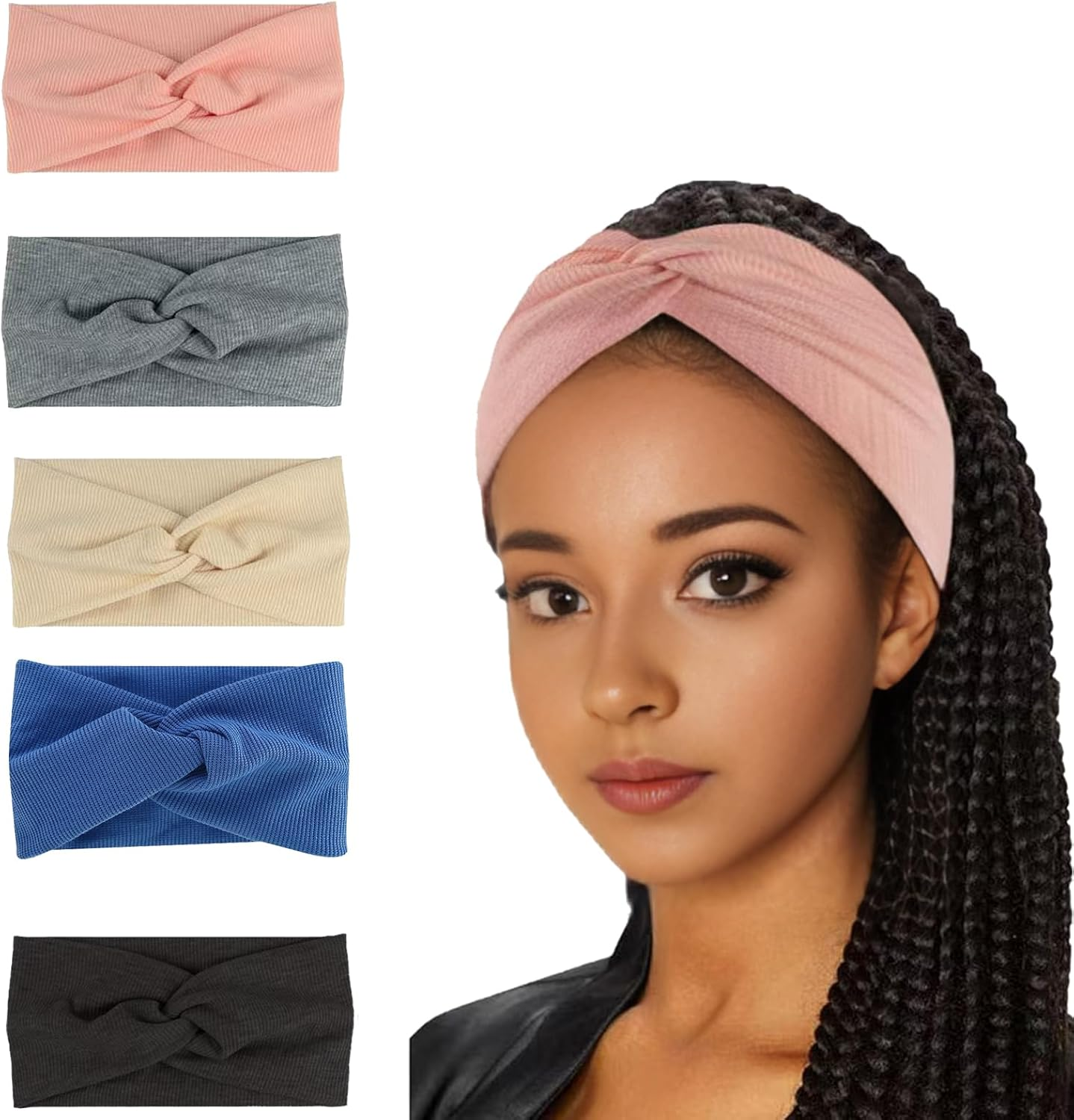Women'S Elastic Hair Band, 5 Piece Headband Hair Accessories, Yoga Sports Headband, Women'S Elastic Headband off White, Navy Blue, Light Grey, Dark Grey, Pink image number 3