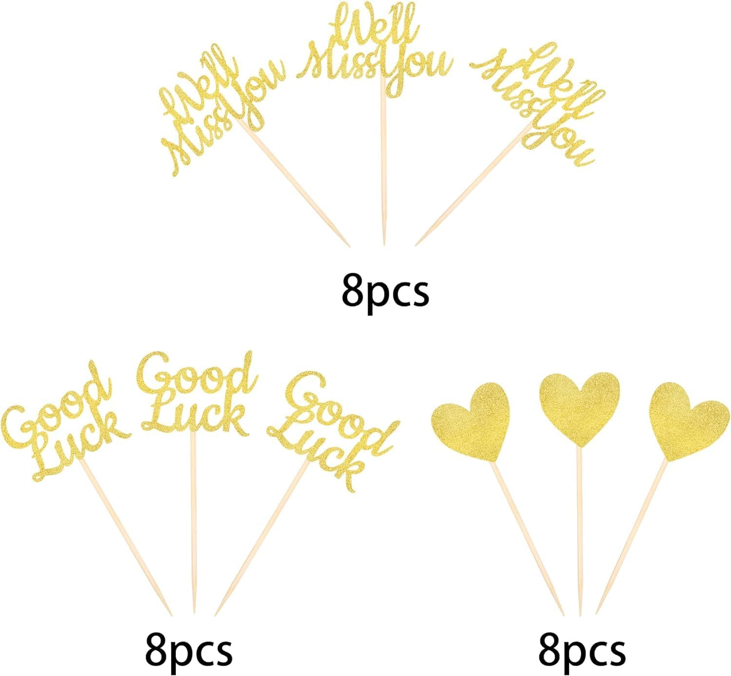 24 Pack We Will Miss You Cupcake Toppers Glitter Red Love Heart Good Luck Cupcake Picks Retirement Theme Going Away Party Cake Decorations (Gold) image number 3