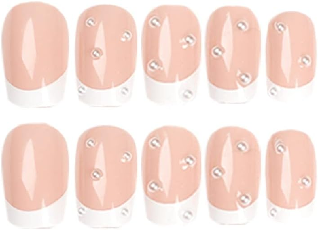 KXAMELIE Square Nude Nails for Gluing Short with Beads Designs, Shiny White French Acrylic Nails, Full Cover, Short Coffin False Nails for Women and Girls, 24 Pieces image number 3