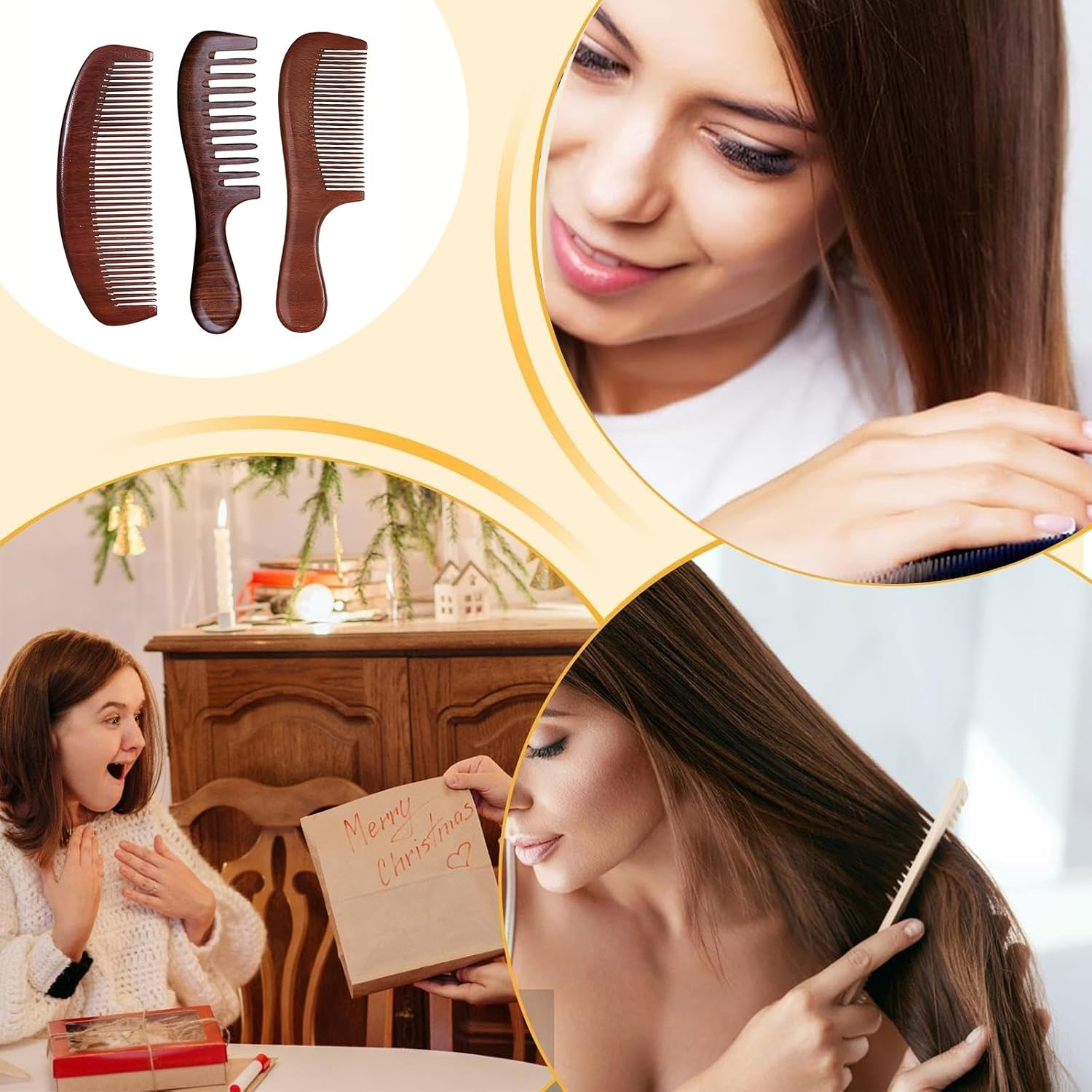 CHEUNGHAO 3 Pcs Walnut Wood Hair Comb Set, Anti-Static Wooden Combs for Women, Wide & Fine Tooth Hair Comb for Scalp Massage & Curly Hair Care image number 4