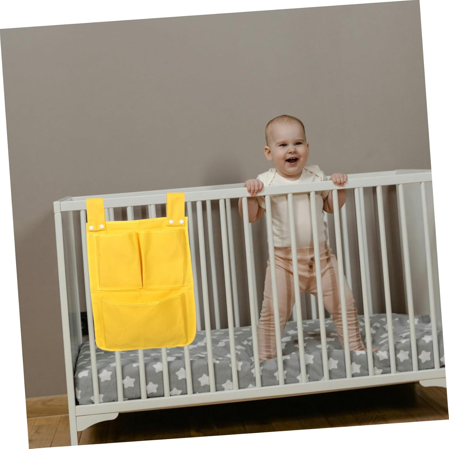 Bedside Hanging Storage Bag Organizer Multifunctional Canvas Crib Pocket for Diapers Wipes Toys Space-Saving Yellow for Nursery and Changing Table image number 5