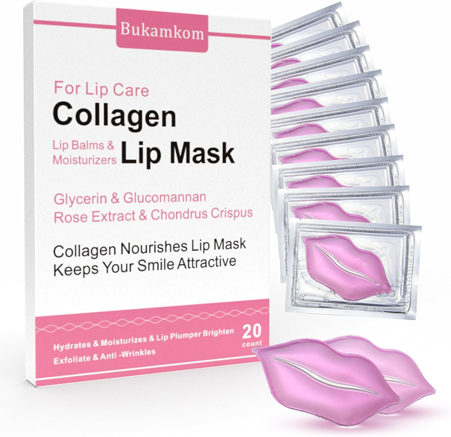 Bukamkom Collagen Lip Masks Bulk(20 Pieces/Box),Lip Mask Sheet Lip Care to Reduce Dark Lips and Lip Lines to Remove Dead Skin Moisture,Bulk Lip Masks Individually Wrapped (20) image number 2