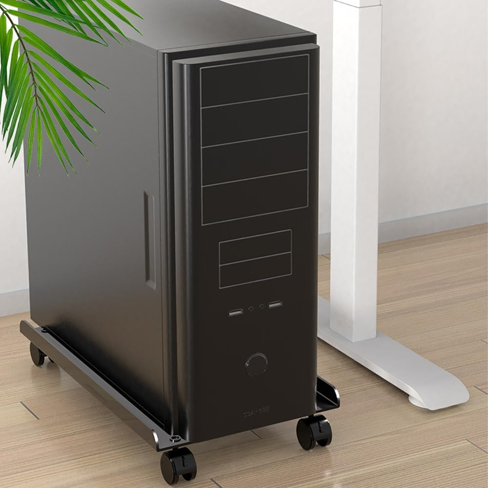 Computer Tower Heavy-Duty CPU Stand Cart with Four Wheels Rolling Monitor Support Mobile PC Holder Desk Accessories (White) - Black image number 2