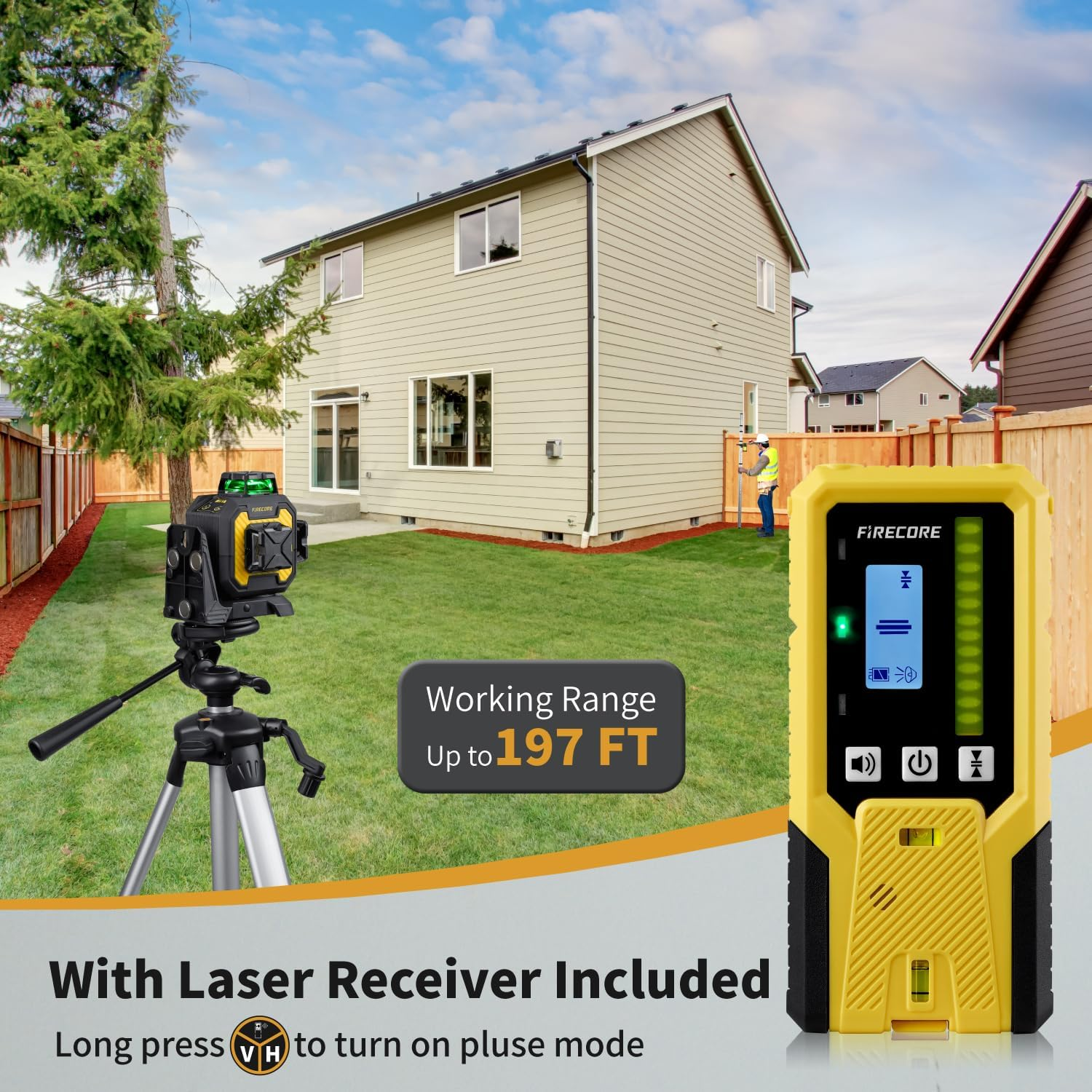 Firecore Laser Level 360 Self Leveling with Receiver, &plusmn;2Mm High Accuracy, Outdoor Pulse Mode to 60M, Green Cross Line Lazer Leveler Tool for Construction, Rod Clamp and Hard Carrying Case Included image number 6
